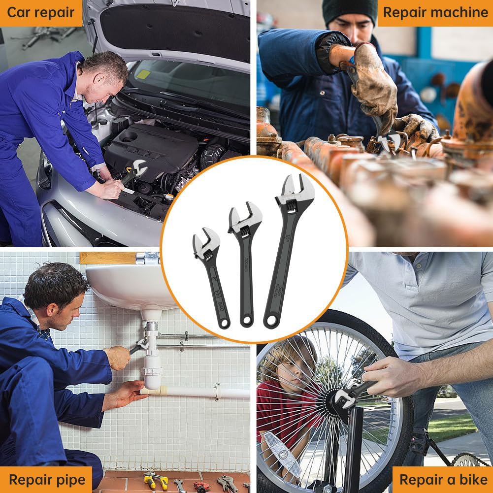 Juego de 3 llaves ajustables para tubo, 6, 8, 10 pulgadas de ancho, con agarre ergonómico, juego de llaves ajustables para fontanería automotriz y reparaciones domésticas