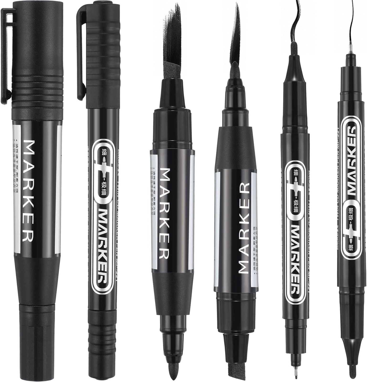 Blulu 6 Pcs Black Permanent Markers Variety Pack Double Sided Permanent Marker Pen Ultra Fine Tip Fine Chisel Tip Quick Drying for Write Coloring Office Classroom Back to School Supplies