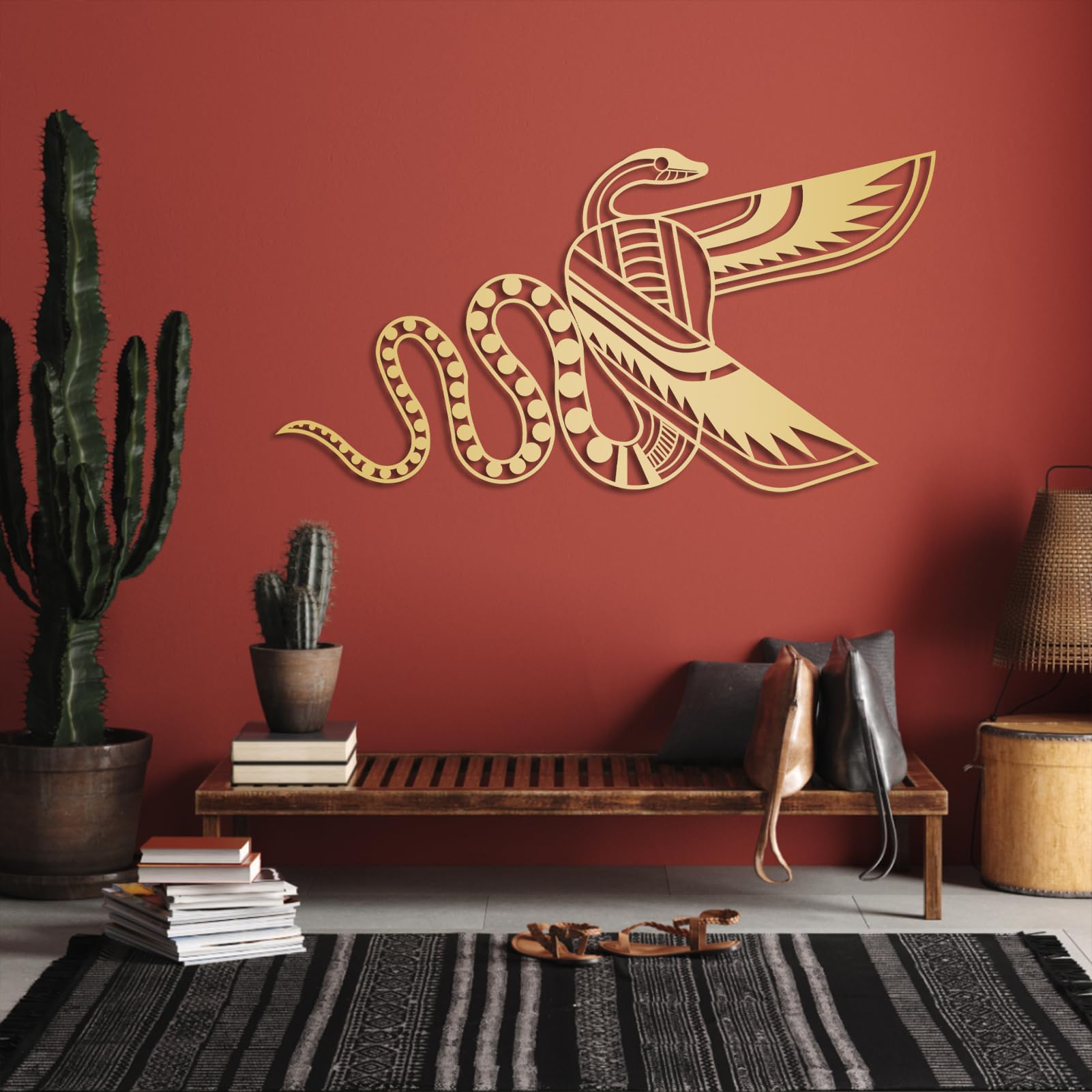 Panneau en métal de serpent ailé égyptien décoratif noir mat gold