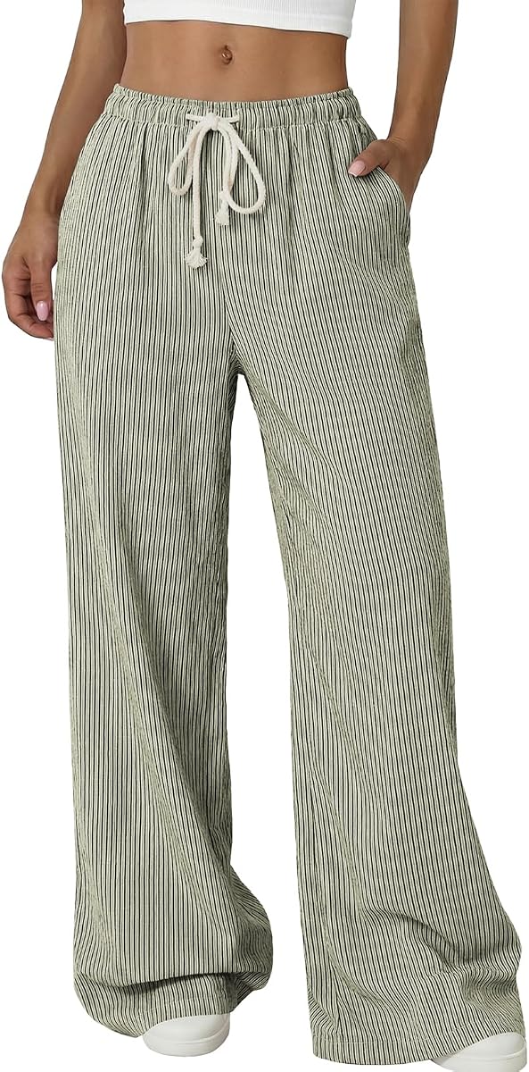 Acelitt Women's Linen Pants Wide Leg Beach Trousers with Pockets