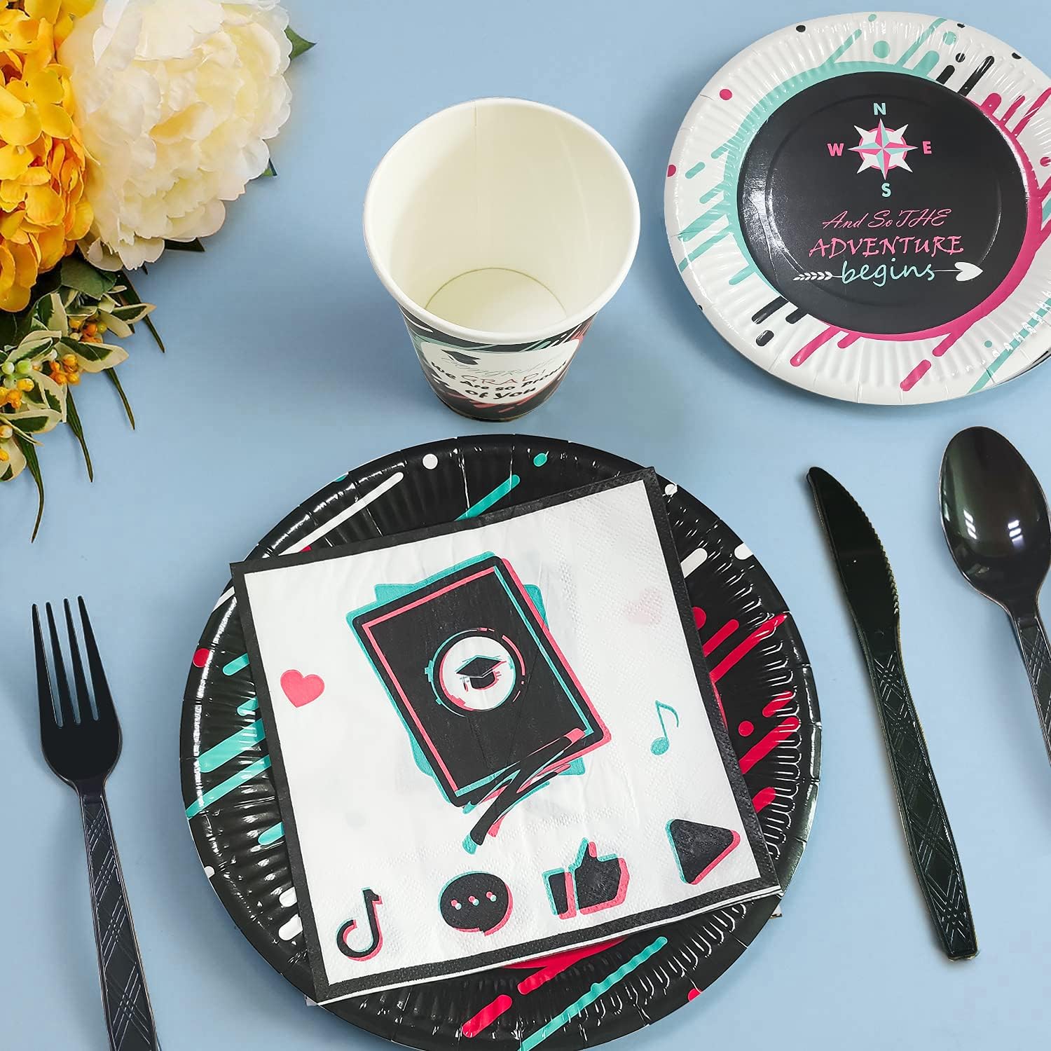 Graduation Party Supplies 2021 - Graduations Tableware Set Including Grad Banner, Paper Plates, Cups, Napkins, Balloons, Tablecloth, Cutlery, Straws, for Graduation Decorations 2021 | Serves 24: Kitchen & Dining