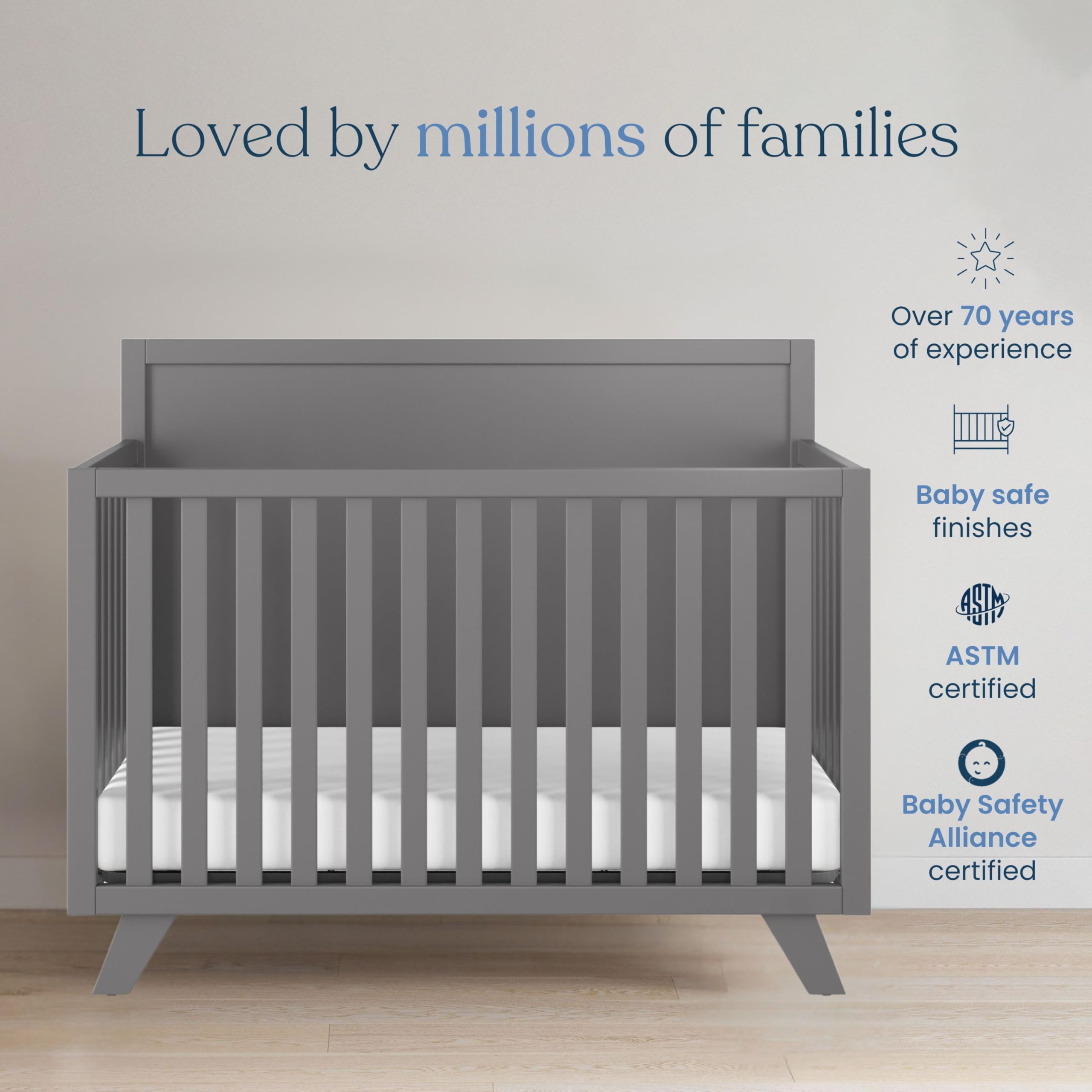 Child Craft SOHO Flat Top 4-in-1 Convertible Crib, Baby Crib Converts to Day Bed, Toddler Bed and Full Size Bed, 3 Adjustable Mattress Positions, Non-Toxic, Baby Safe Finish (Cool Gray)