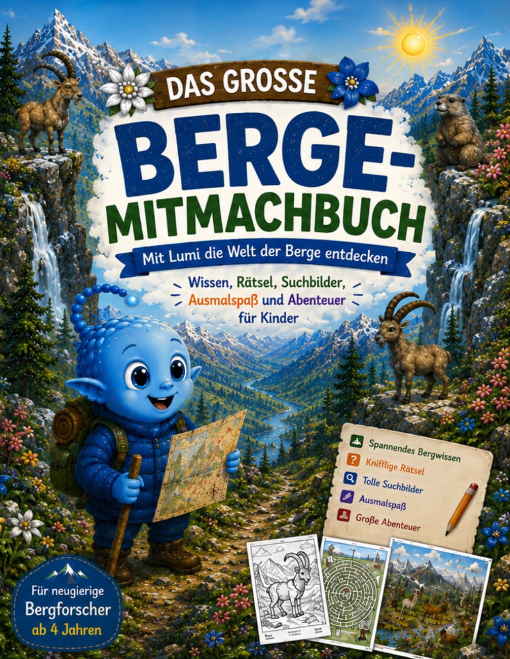 Das große Berge-Mitmachbuch: Mit Lumi die Welt der Berge entdecken – Wissen, Rätsel, Suchbilder, Ausmalspaß und Abenteuer für Kinder (Bergkinder)