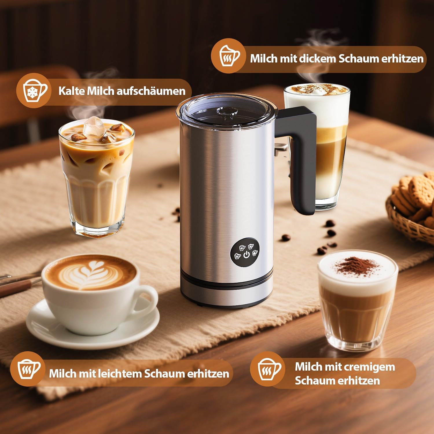 HSSNS Elektryczny spieniacz do mleka – stal nierdzewna, do gorącej i zimnej pianki mlecznej, do gorącej czekolady, latte macchiato, cappuccino, macchiato