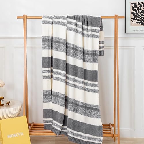 Miniatura 6 de Mokoya Manta de rayas ultrasuave de 50 x 70 pulgadas, manta de punto esponjoso, manta moderna y ligera para mujeres, hombres, acogedora para sofá,