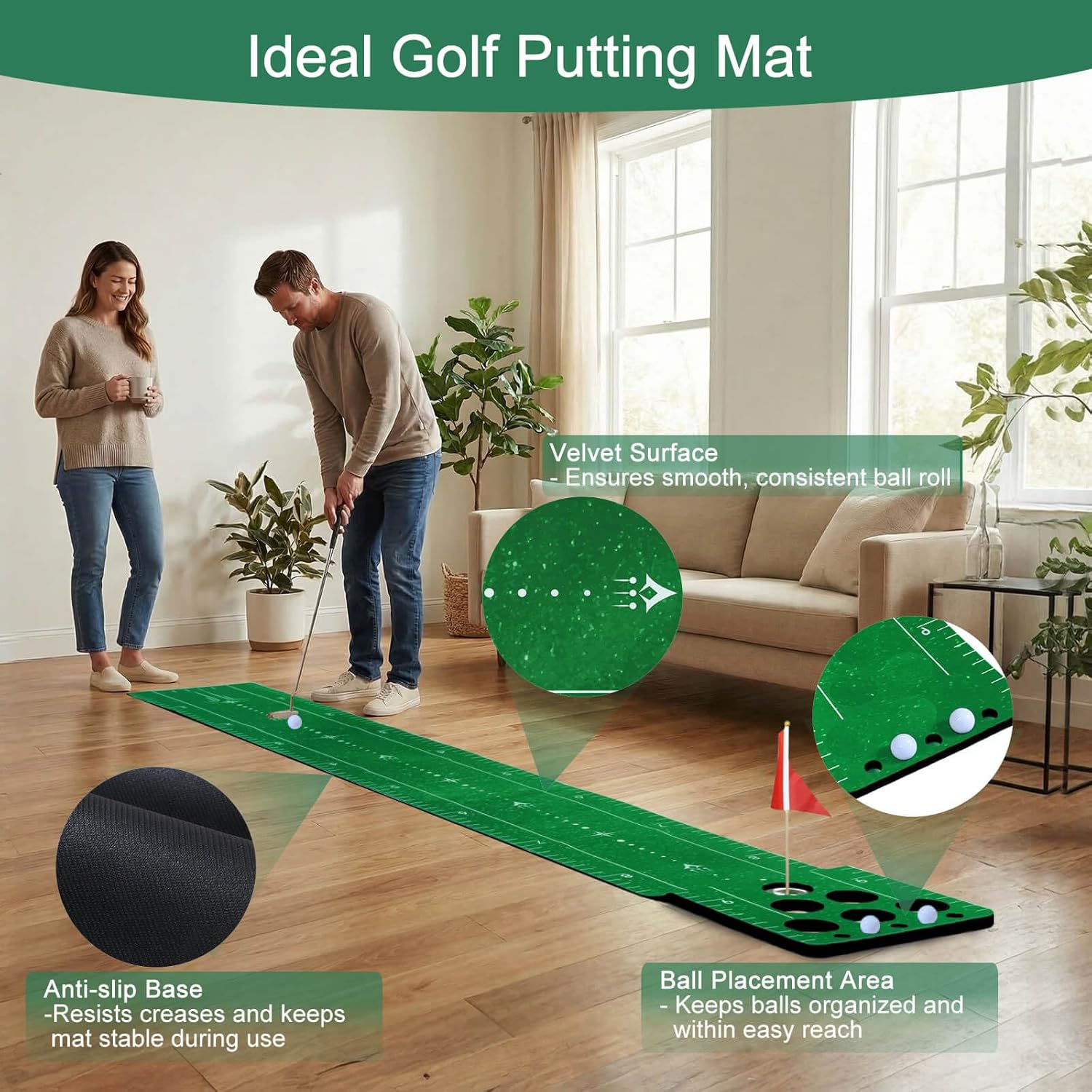 Chriiena Golf Putting Game Mat, Indoor Putting Green Set with 2 Balls, 1 Storage Bag, 1 Flag & Cup, Portable Pong Game Mat for Backyard Party Use