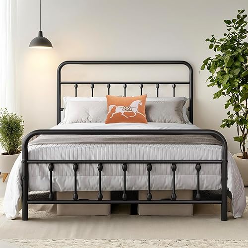 Base de cama Queen con plataforma de metal clásica, base de colchón con estilo victoriano, cabecero de hierro, estribo, almacenamiento debajo de la