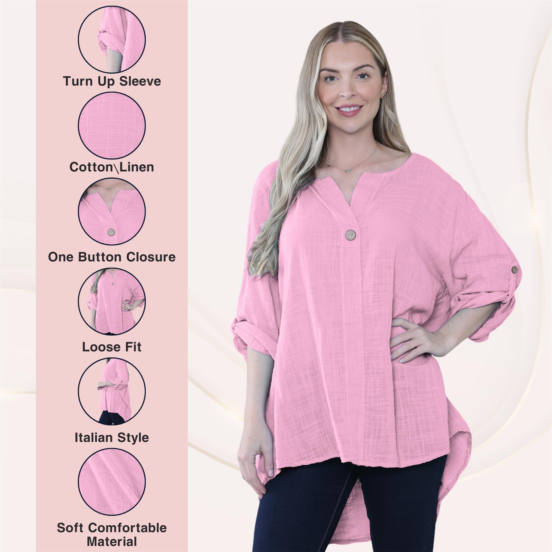 janisramone® Top italiano con maniche a 3/4 da donna, con chiusura a bottone, scollo rotondo, top estivo da donna, in lino/cotone, vestibilità larga, camicetta casual da donna