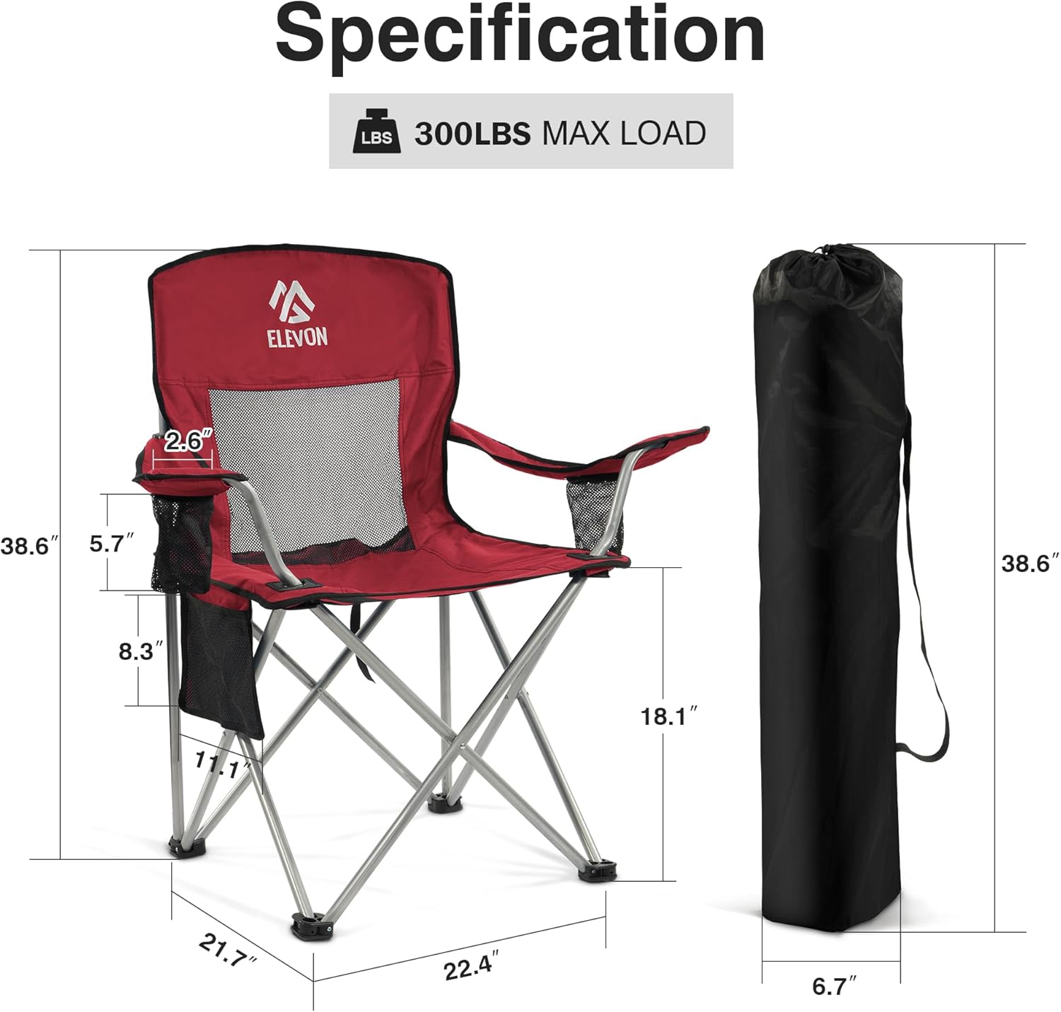 Elevon Camping Chair, Portable Folding Outdoor Chair with Arms, Cup Holder and Carry Bag, Collapsible Chair for Camping, Fishing, Beach, and Sports, Burgundy