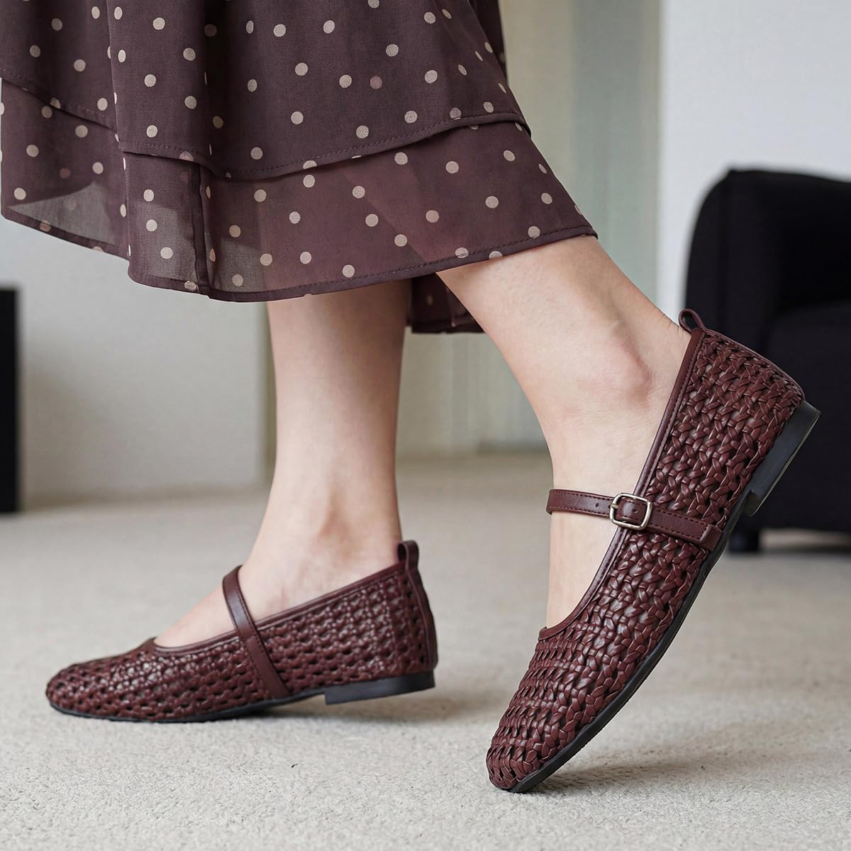 Flats for Women Mary Jane Shoes Mesh Ballet Foldable Flat Women's Squared Toe Woven Comfortable Dressy Office Casual Shoe