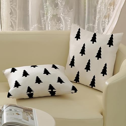 Miniatura 10 de Juego de 2 fundas de almohada de Navidad de 16 x 16 pulgadas, decoración de Navidad bohemia con árbol blanco y negro, decoración navideña geométrica