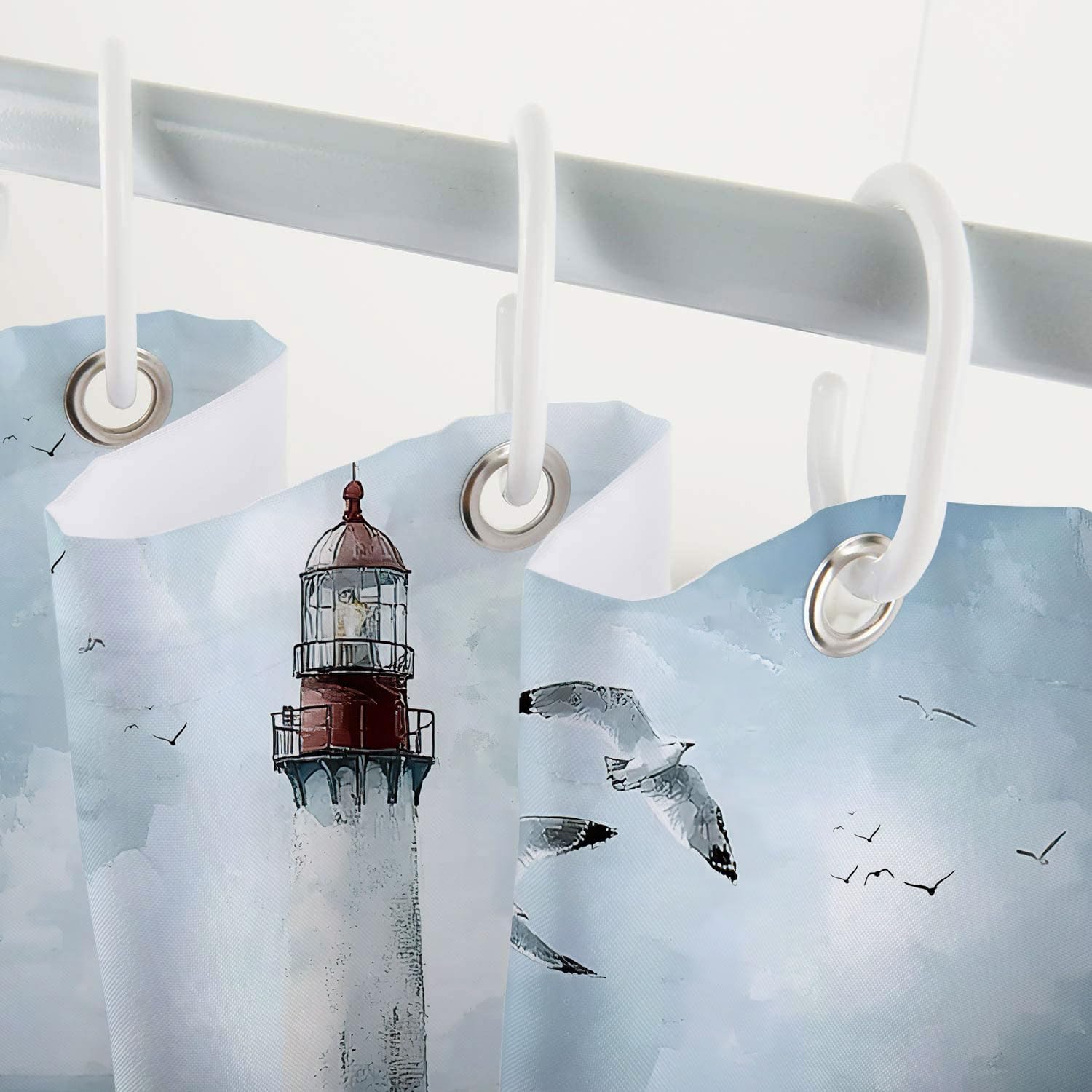 Nautical Coastal Shower Curtain, Ocean Beach Lighthouse Shower Curtain, Blue Teal Seasides Sailboat Bathroom Accessories Fabric Waterproof with Hooks, 72X84in