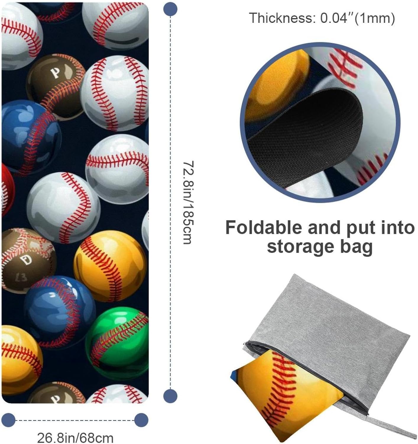 Yoga Towel, Baseball Pattern Non Slip Sweat Absorbent Hot Yoga Mat Towel for Hot Yoga, Pilates and Fitness - 72.8" x 26.8"