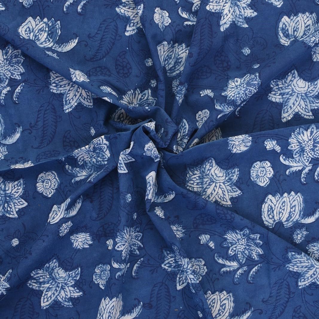 Trade Star Indigo Hand Block Printed Fabric 100% Cotton Fabric by the Yard 3 Yards Floral Sanganeri Design Natural Dye Indian Ideal for Sewing Quilting & Dressmaking Cloth Wide 44 Inches
