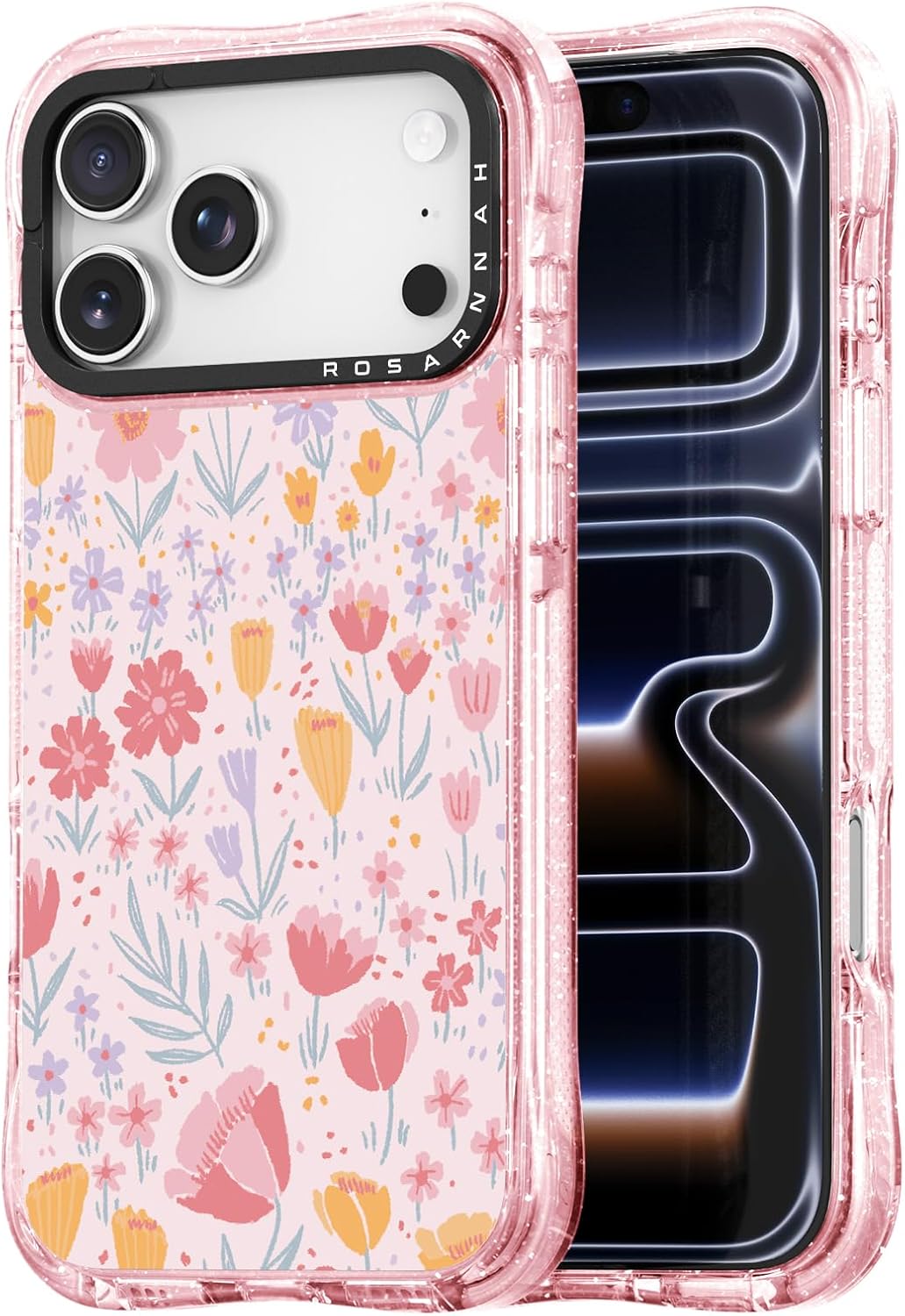 for iPhone 17 Pro Max Case Cute - Military-Grade 20 ft Drop Protection Shockproof Phone Case - Funny Pink Floral Design (6.9) Glitter Pink