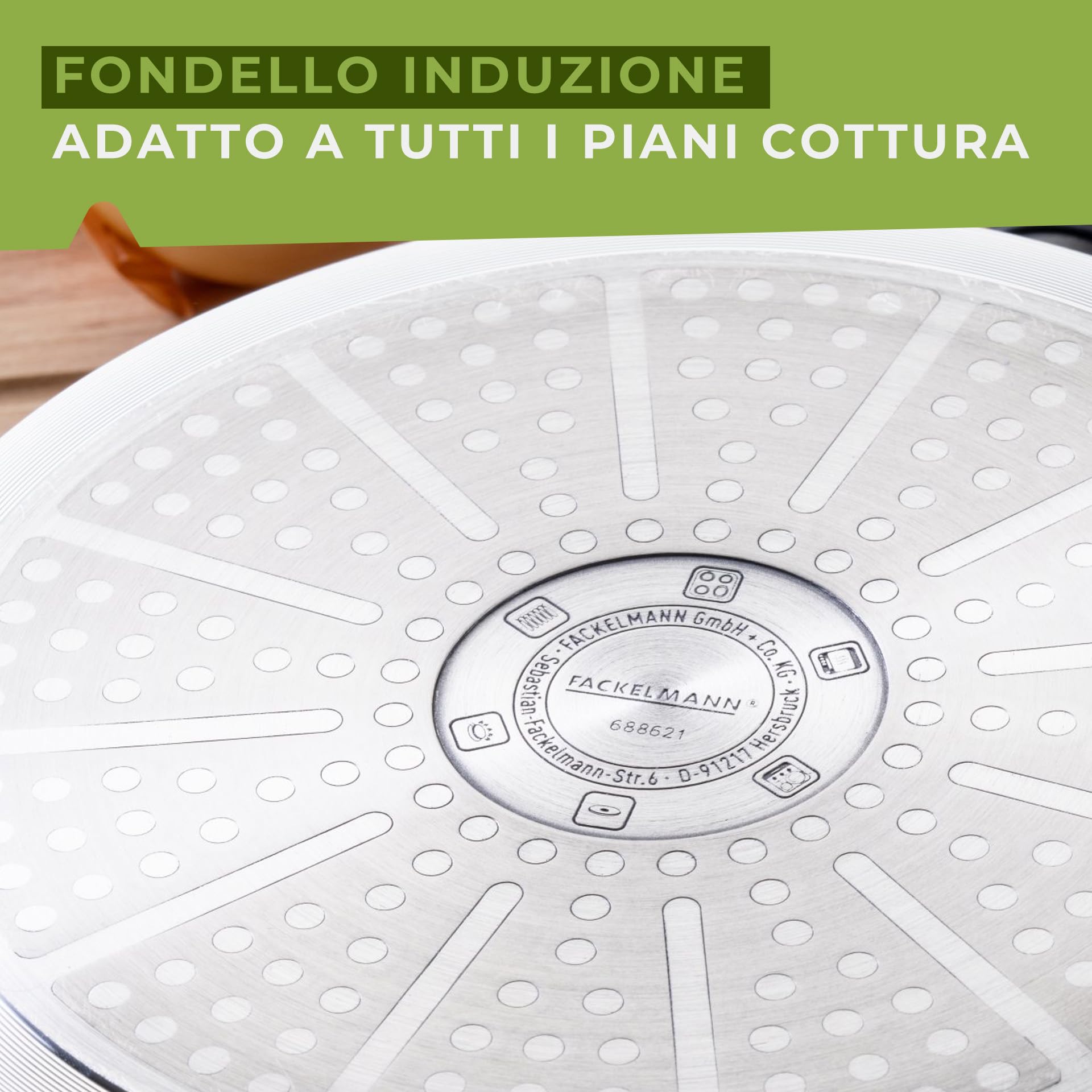 Fackelmann Set di Padelle Antiaderenti PFAS Free, Set Cucina con 3 Padelle Grandi e Medie e 1 Pentolino Casseruola per Salse, Fondo da 4 mm per Piani Cottura a Induzione e Gas, Linea Oliva