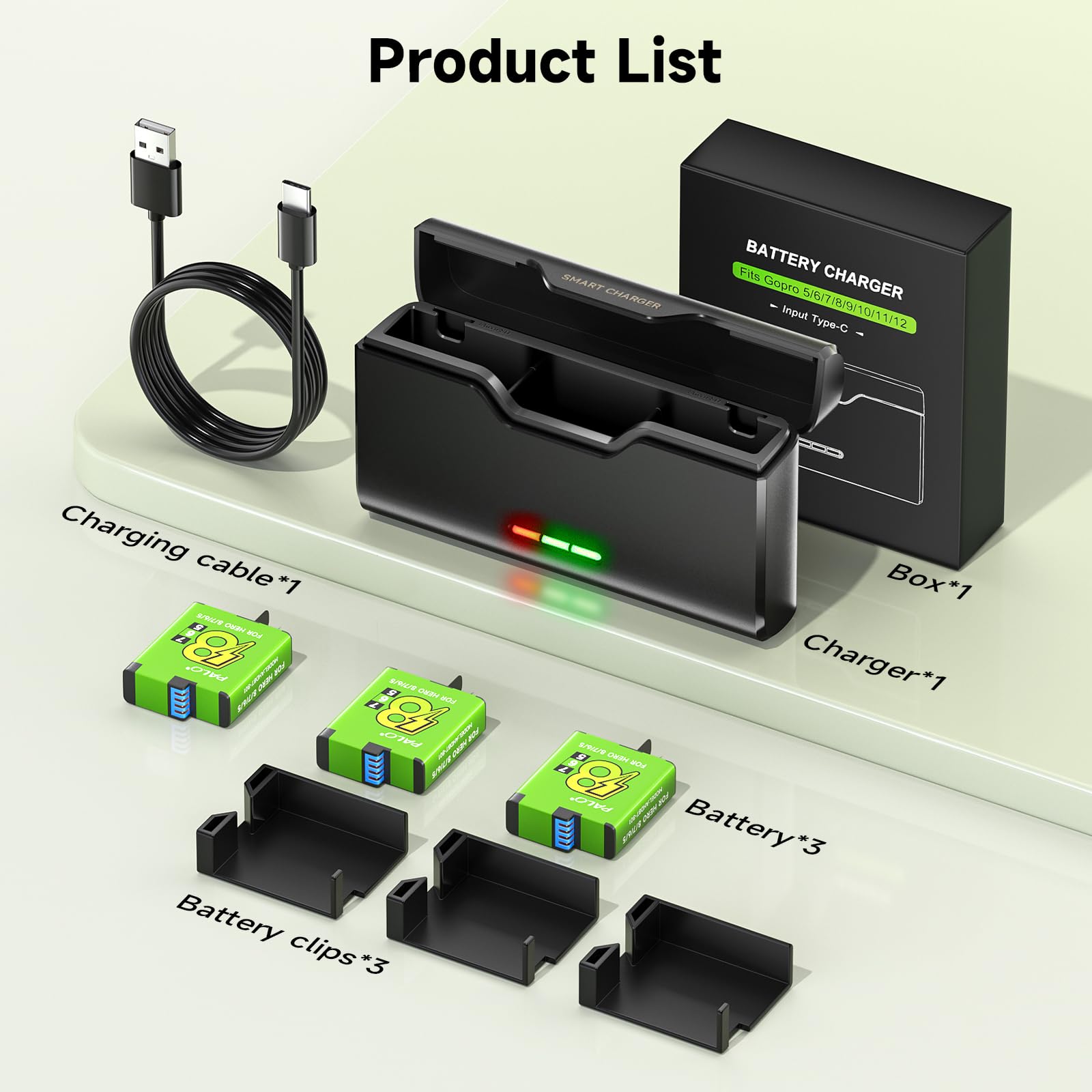 Lot de 3 batteries pour Go-pro Hero 8/7/6/5 et chargeur pour Go Hero 12/11/10/9/8/7/6/5 - Chargeur de batterie avec accessoires de batterie, charge rapide, basse température