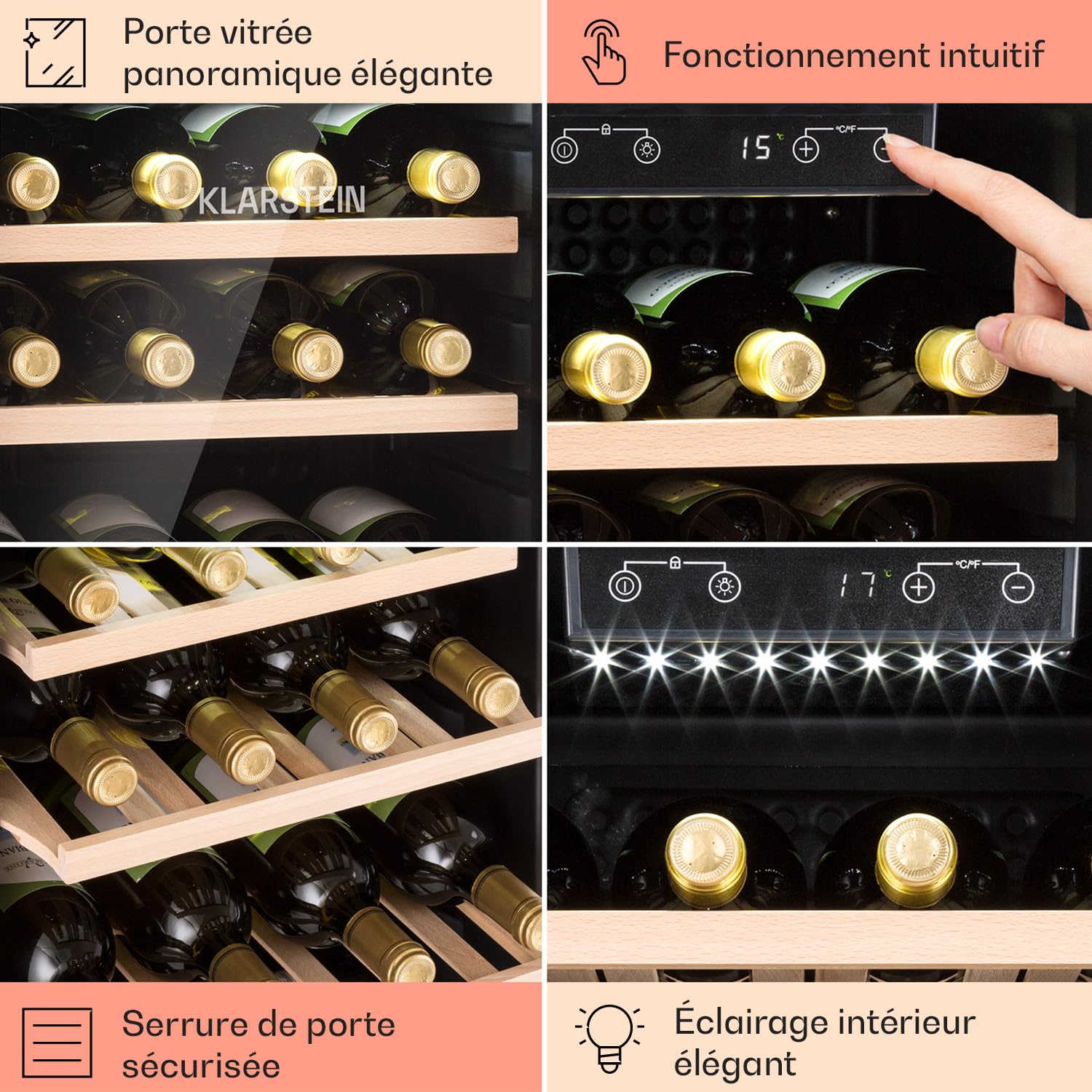 Klarstein Cave a Vin Encastrable, Caves à Vin de Conservation de 115L, Porte en Verre, Cave a Vins à Zone Unique, Bar Int/Ext, Frigo Vin, Cave a Vin de Vieillissement, Cave à Vin 49 Bouteilles, 4-22°C