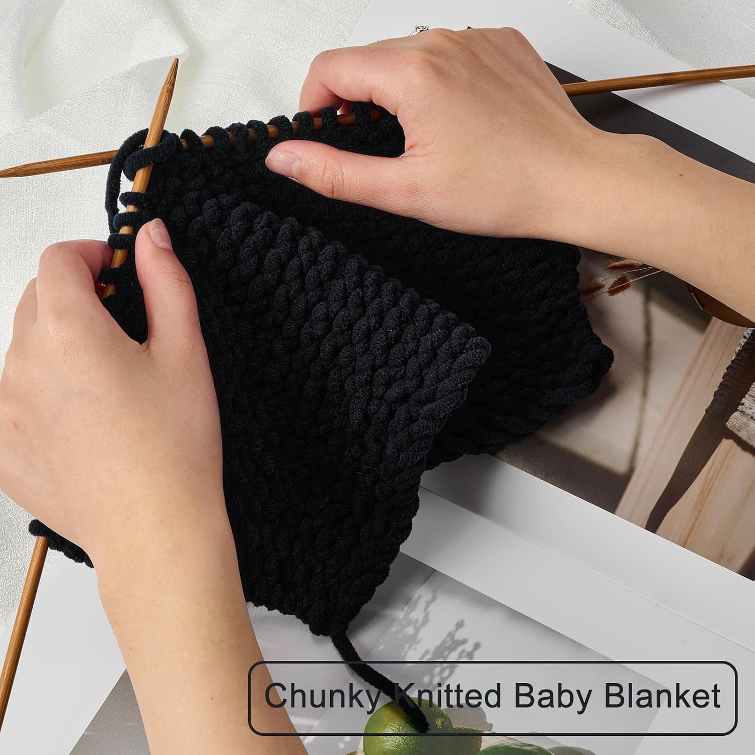 Chunky Chenille Yarn for Knitting/Crochet Baby Blanket Fancy Yarn for Amigurumi #6 Super Bulky Extra Thick Soft Fluffy Big Yarn Hat Scarf Christmas Decor Beginner Friendly,1.76lb,Black