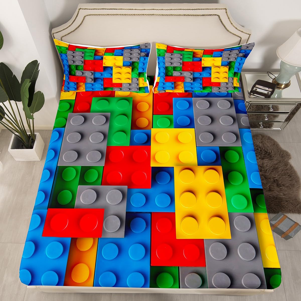 Erosebridal Construction Bed Sheets Set Colorful Sheet Set 3D Building Blocks Sheets Twin,Kids Boys Bricks Flat Fitted Sheet Rainbow Gradient Room Decor for Teen Girls,Red Yellow Green Blue Grey