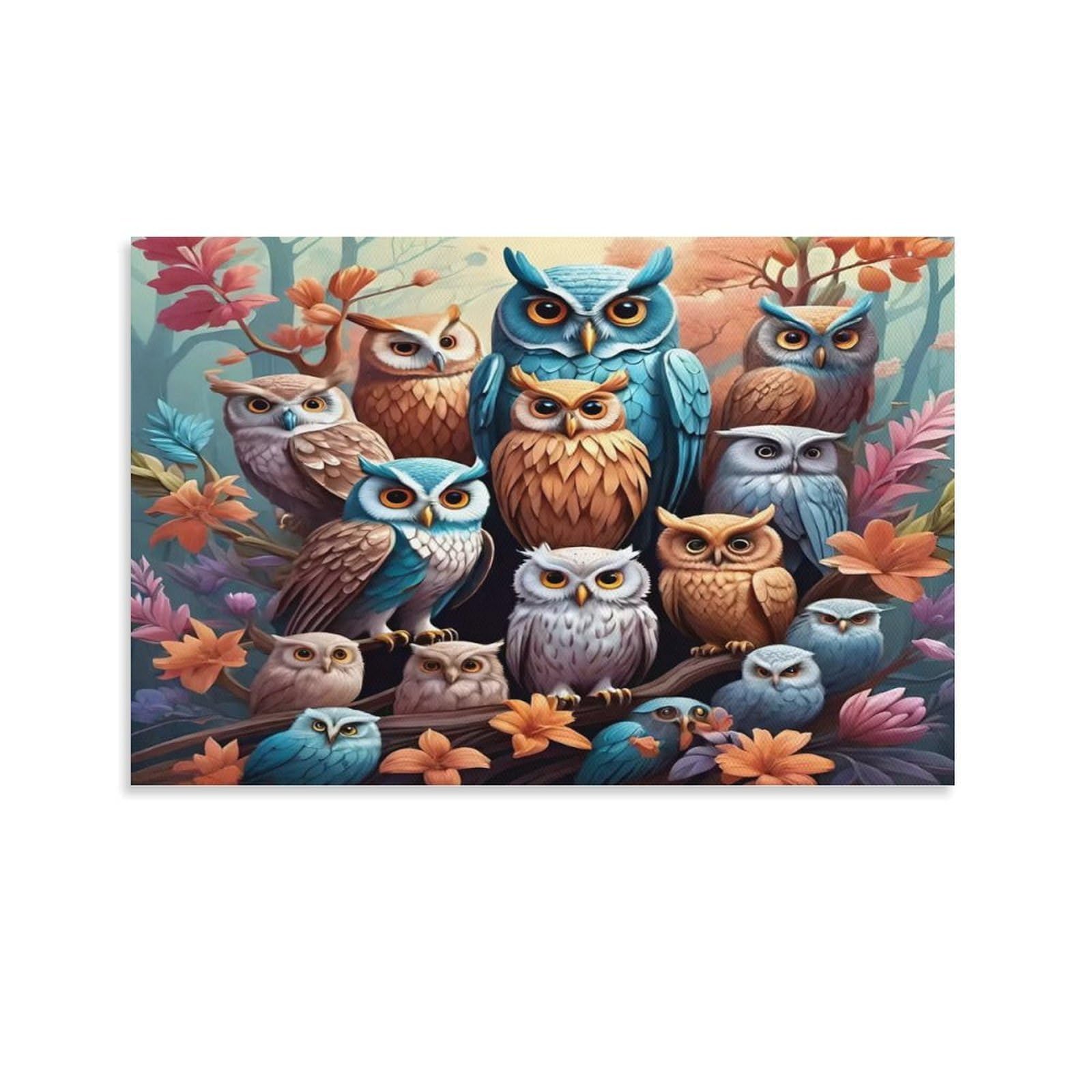 CPLVKWRQJ Snowy Owl Perched in Winter Forest Individual Diverse Colorful Owls Cluster Autumn Foliage Wall Art Decor - Office Wall Focal Art Multi-Purpose Fade Resistant Decor 16x24inch(40x60cm)