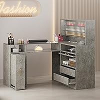 Vista 10 de Mesa de manicura en forma de L con estantes, estación de mesa de uñas con parte superior de cristal, resistente a acetona, con cajones