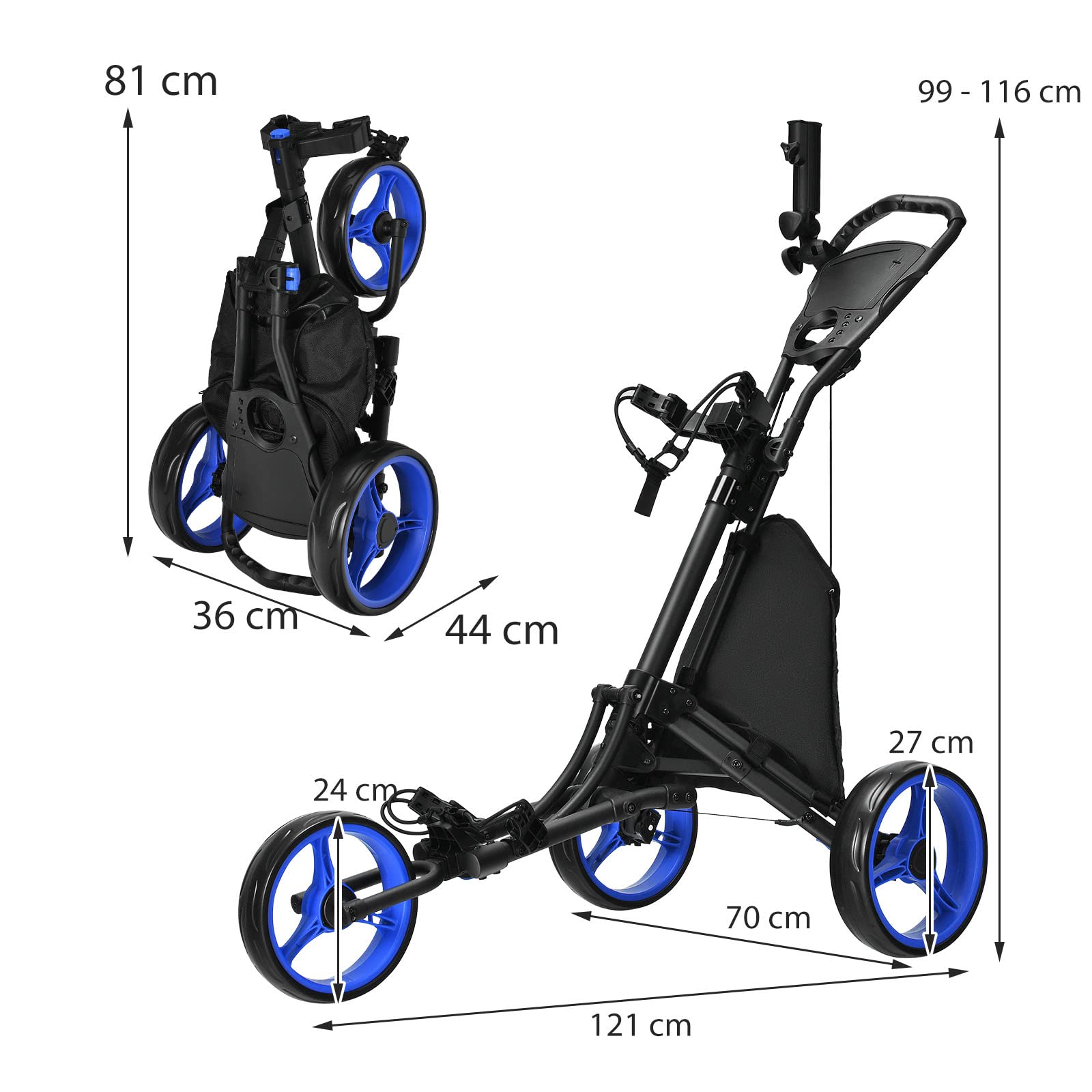 GOPLUS Chariot de Golf Pliable à 3 Roues, 4 Positions de Hauteur Réglables, Cadre en Alu, Porte-ombrelle Réglable, Sac Étanche, Frein à Pied, 121 x 70 x 116 CM