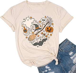 Halloween Doodles Shirt for Women Cute Vintage Graphic Halloween Party Tshirt Short Sleeve Fall Season Tees