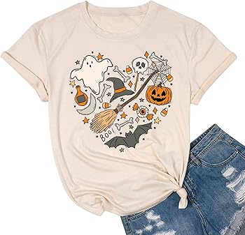 Halloween Doodles Shirt for Women Cute Vintage Graphic Halloween Party Tshirt Short Sleeve Fall Season Tees