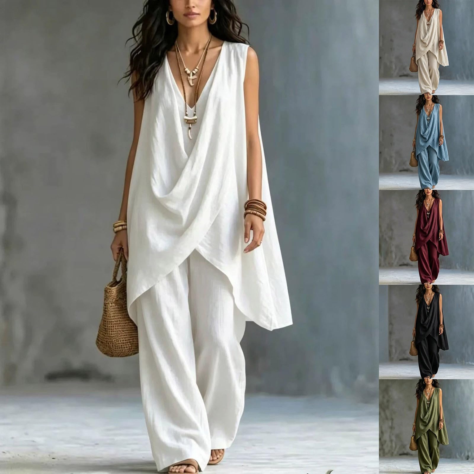 Generisch Tuta estiva da donna, due pezzi, elegante, per il tempo libero, streetwear, outdoor, tuta da allenamento, tinta unita, con scollo a V, gilet senza maniche e pantaloni a gamba larga