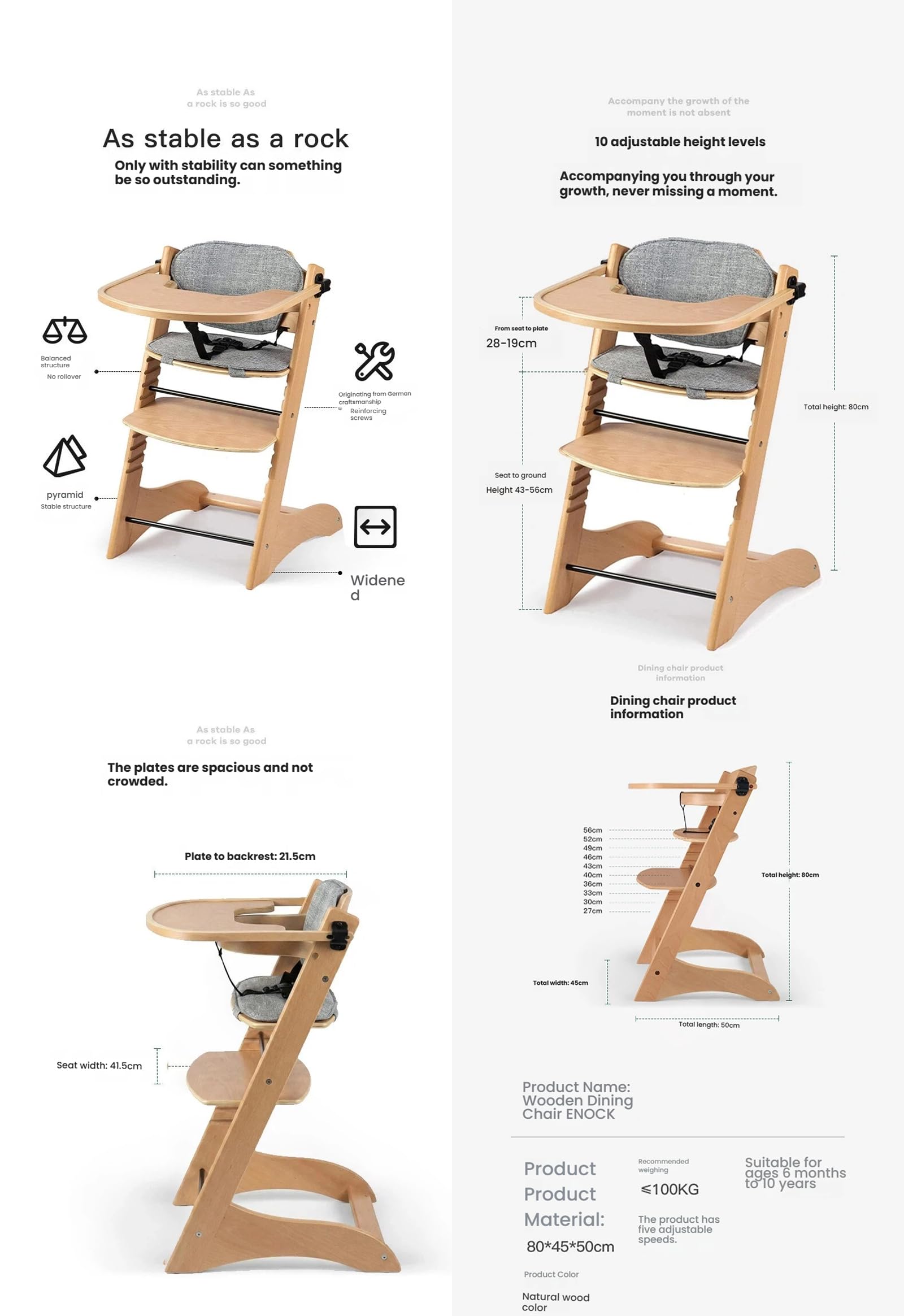 Magic ZC Trona Evolutiva de Madera Natural para Bebé, Silla de Comedor para Alimentación Niños Pequeños con Alturas Ajustables y Posiciones Convertible Multifuncional (8126 Natural Wood)