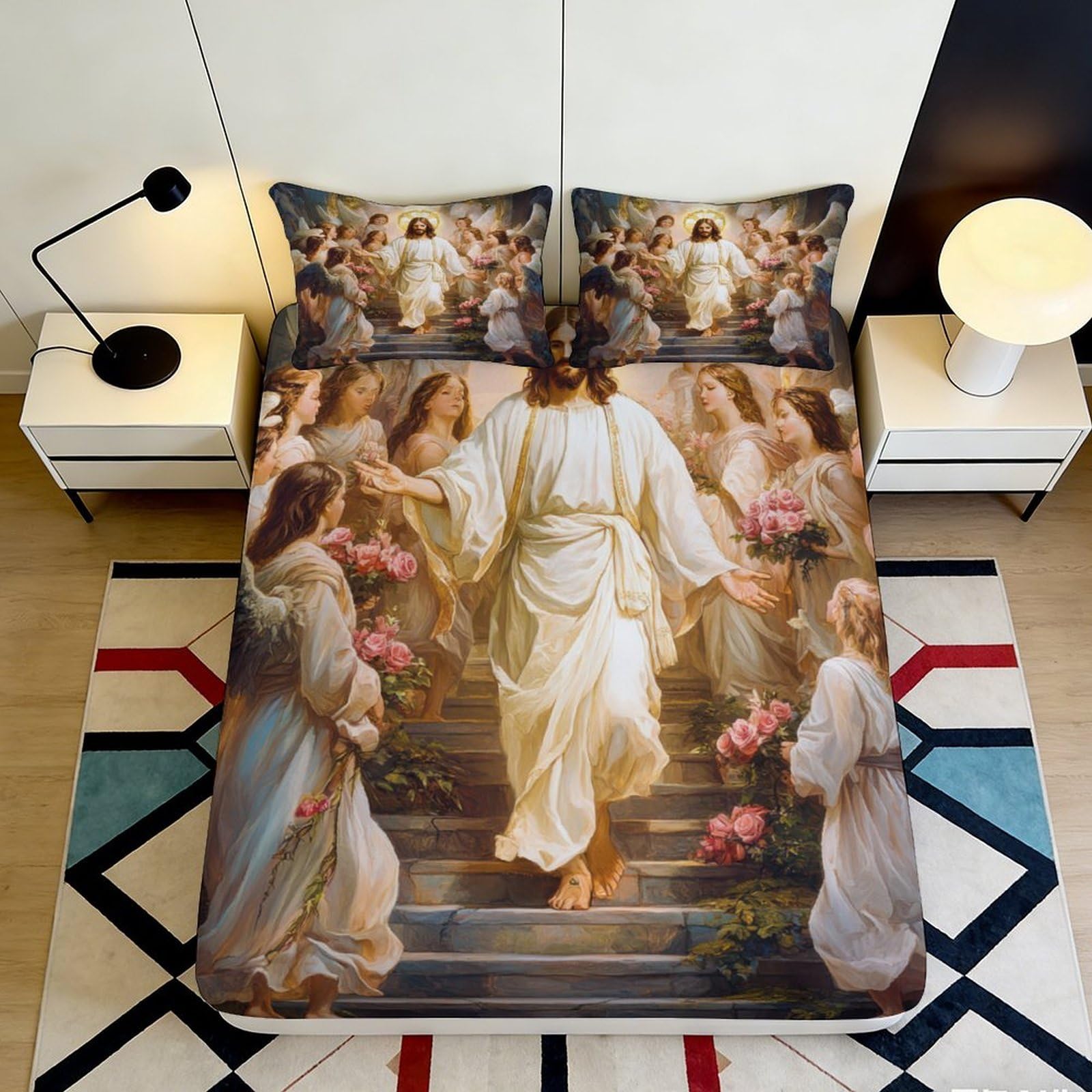 3D Printed Jesus Ascension Fitted Sheet Microfiber Stain Resistant Angel Stairs Mattress Cover for Bedroom Dorm Decor 120x200cm 90x200x25cm