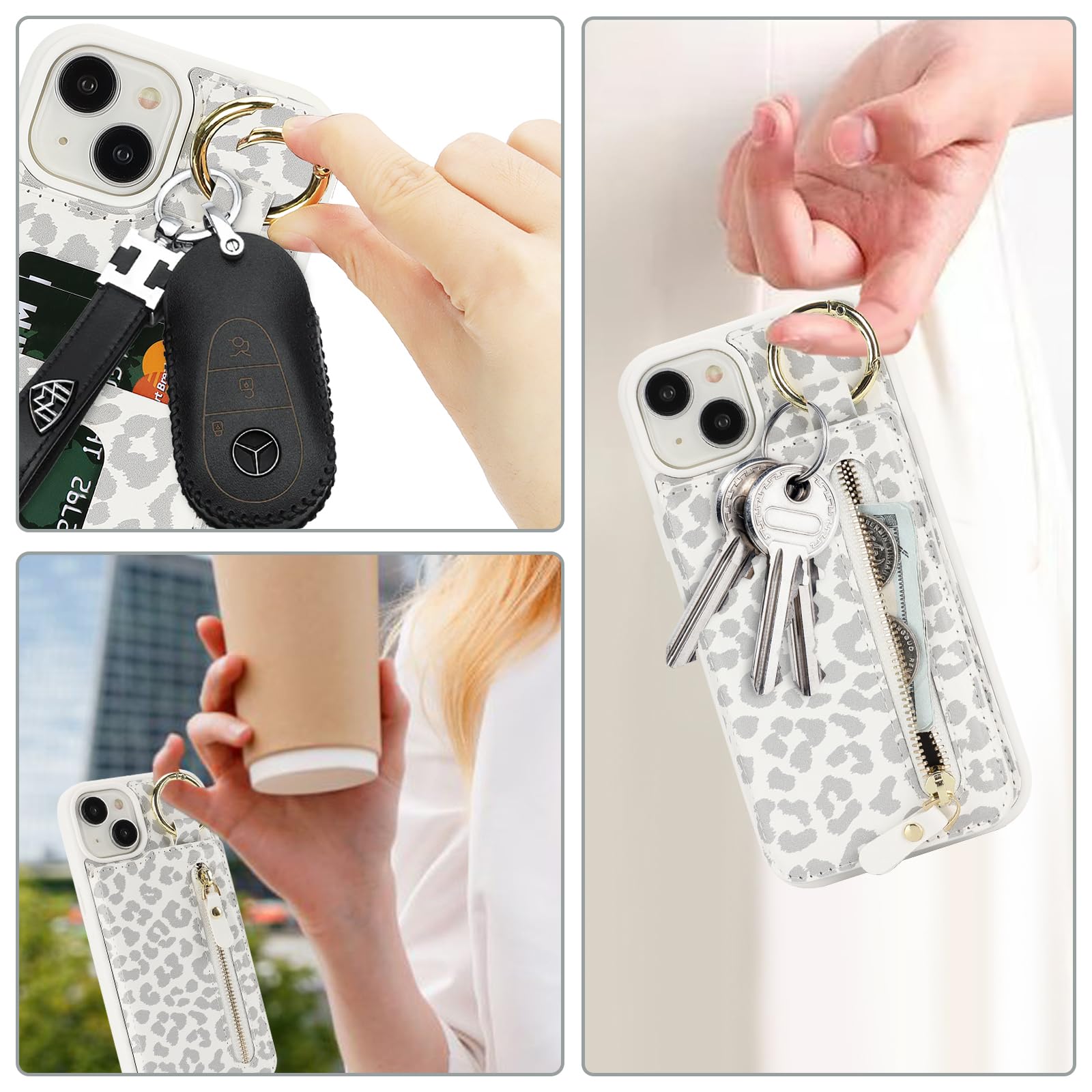 Havaya Funda para iPhone 15 Plus con tarjetero, funda para iPhone 14 Plus, funda tipo cartera para mujeres y hombres, funda de piel con cremallera trasera, funda tipo cartera con anillo, estampado de