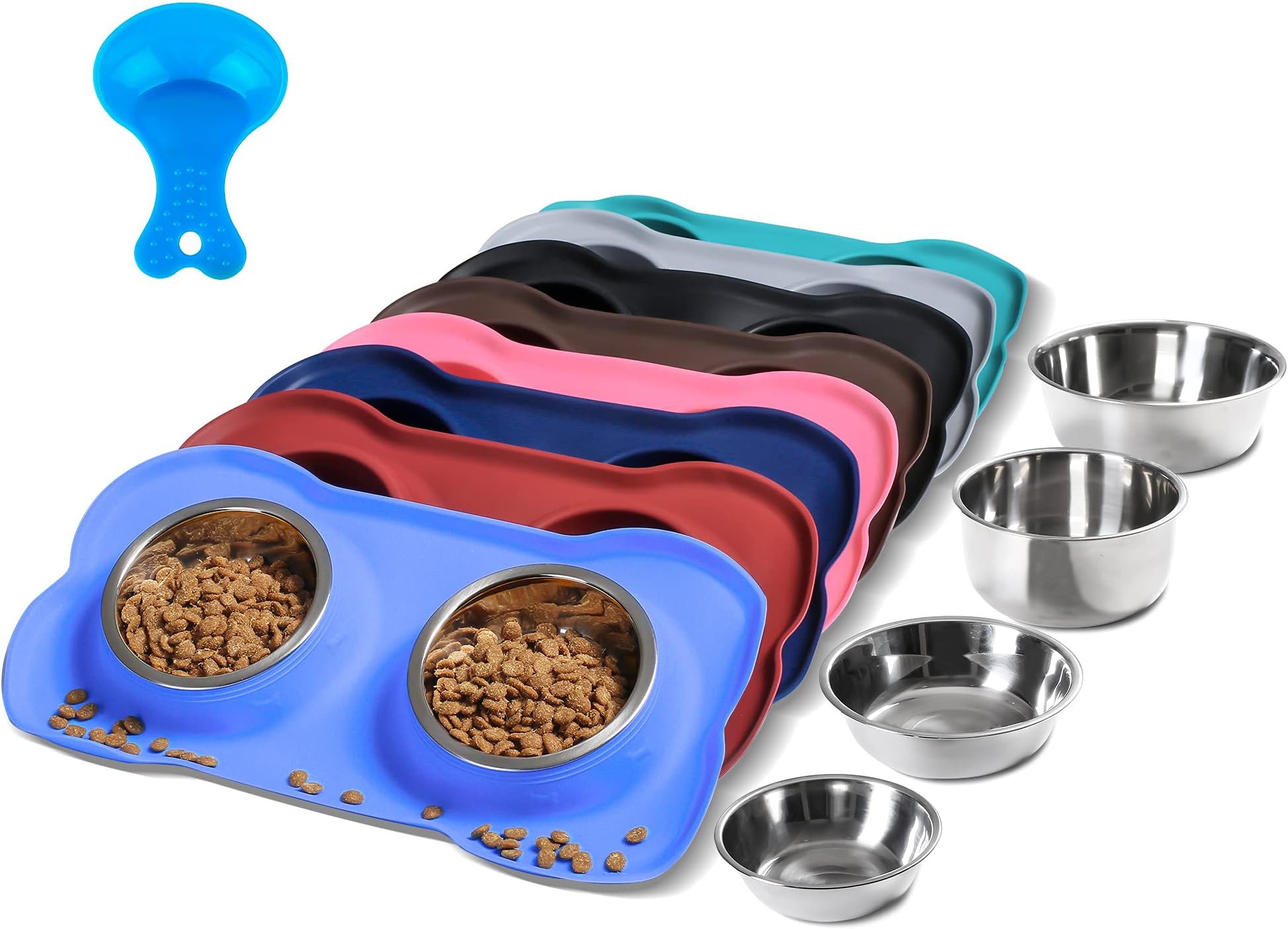Hubulk 2 Stainless Steel Pet Dog Bowls with No Spill Non-Skid Silicone Mat + Pet Food Scoop Water and Food Feeder Bowls for Feeding Small Medium Large Dogs Cats (Large, Blue)