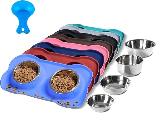 Miniatura 8 de Hubulk 2 tazones de acero inoxidable para perros, con alfombrilla de silicona antideslizante y cuchara de comida para mascotas, cuencos para