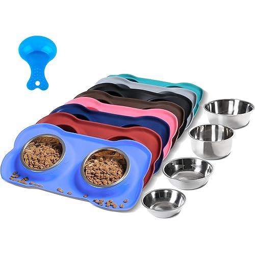 Hubulk Pet Dog Bowls 2 Stainless Steel Dog Bowl with No Spill Non-Skid Silicone Mat + Pet Food Scoop Water and Food Feeder Bowls for Feeding Small Medium Large Dogs Cats Puppies (Large, Blue)