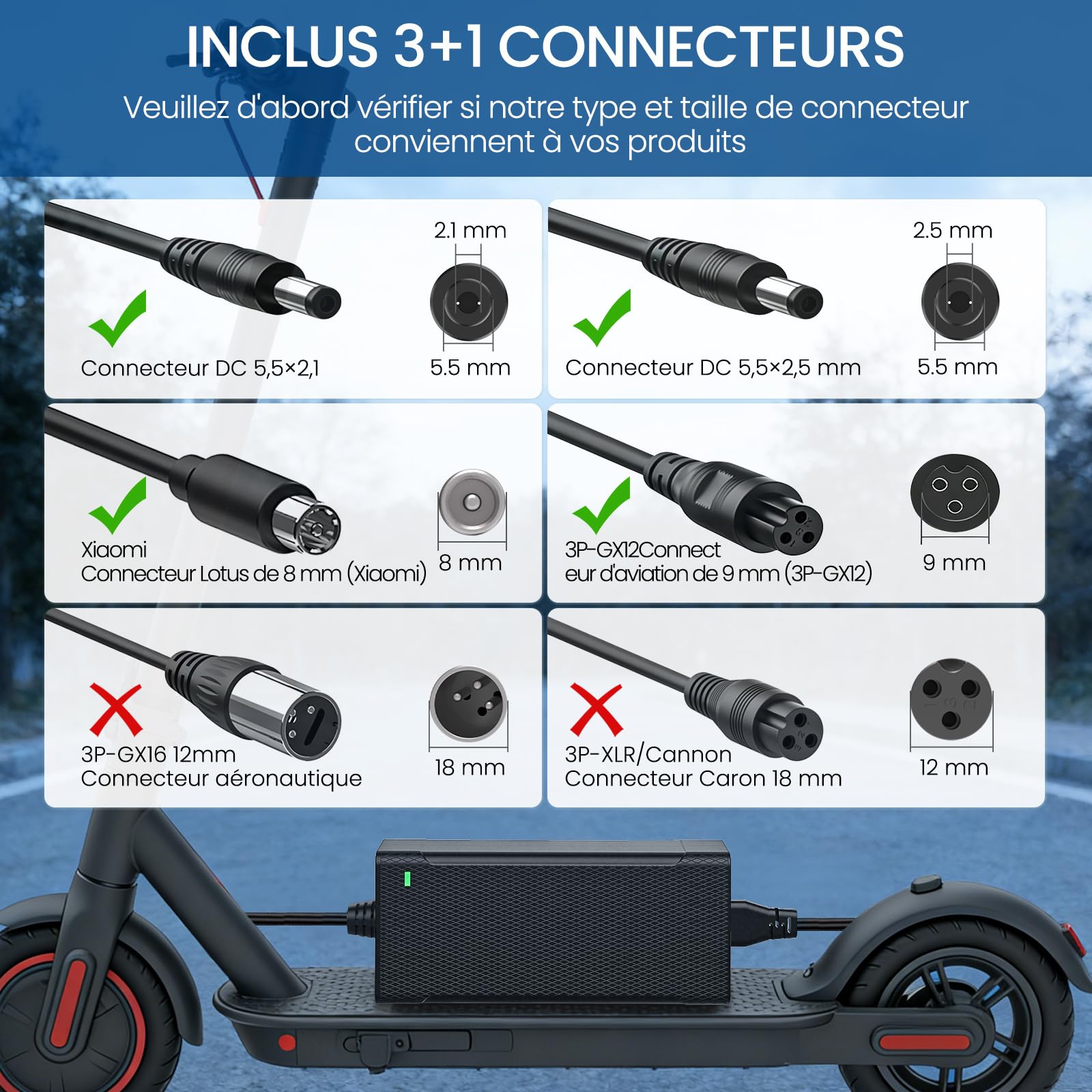 Chargeur 42V 2A Pour Trottinette électrique – 4 Connecteurs Compatibles (Xiaomi, Segway, Ninebot, Hoverboard)