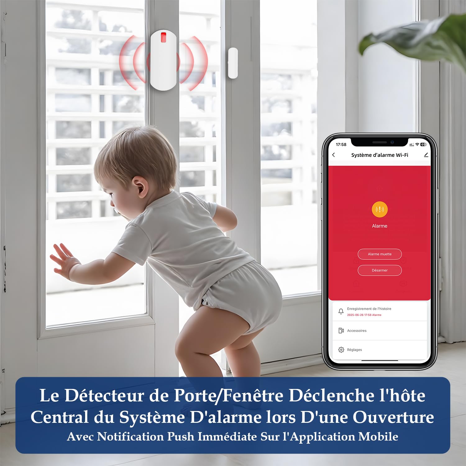YISEELE Alarme Maison sans Fil: système de sécurité Wi-FI 5 GHz avec Horloge - 1 Sirène 125dB - 6 Capteurs Porte/Fenêtre - 2 Télécommandes - 1 Hub - Compatible Alexa & Google Home