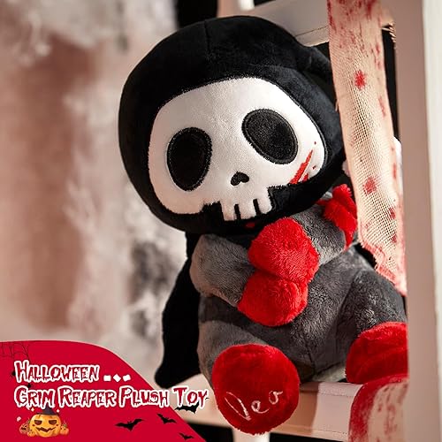 Miniatura 4 de SpecialYou Otto Reaper - Juguete de peluche de 10 pulgadas, calavera de Halloween con capa negra y guadaña desmontable, divertida muñeca de