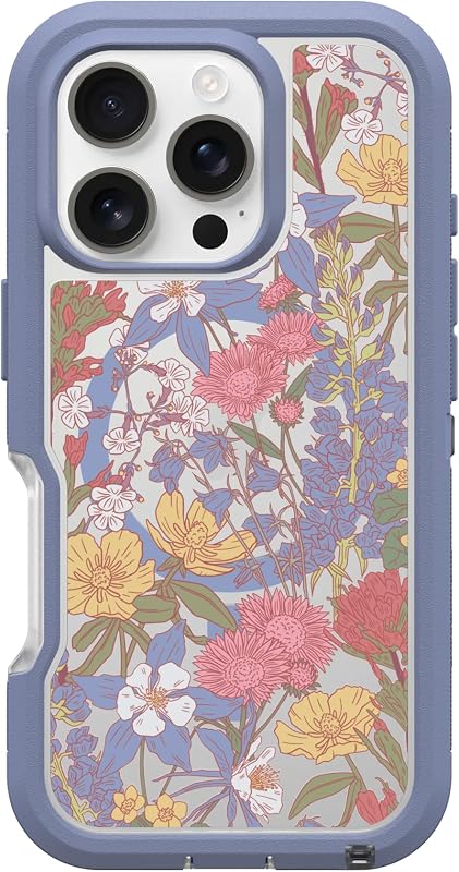 OtterBox iPhone 16 Pro Defender Series XT Clear Case - Floral Purple - Tough, Rugged & Durable iPhone Case, Snaps on MagSafe, Pressure-Fitted Dual-Layer iPhone Case