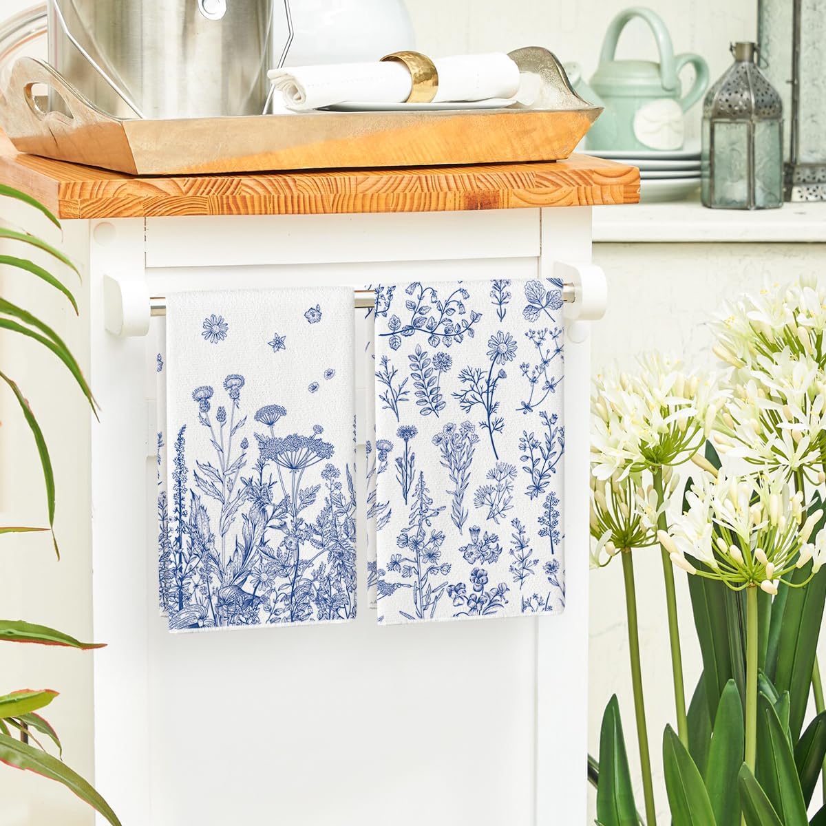 Artoid Mode Blue Antique Herbs Wild Flowers Leaves Spring Kitchen Towels Dish Towels, 18x26 Inch Seasonal Decoration Hand Towels Set of 2 - Image 4
