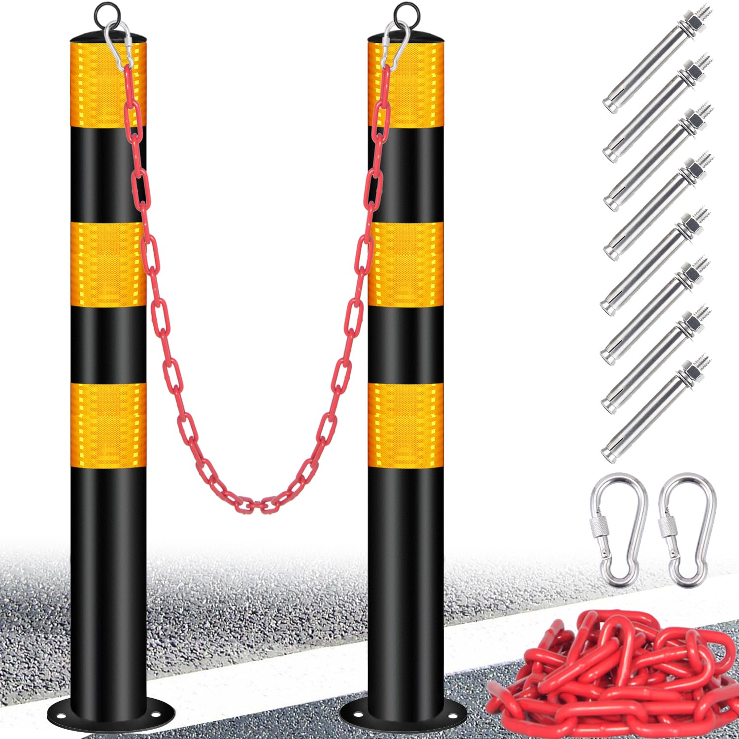 VNAKER Safety Bollard Post, Bollards Steel 37 inch, Night Reflective Design, Traffic Bollards for Driveway, Warehouse, Parking Barrier (2 Pcs)