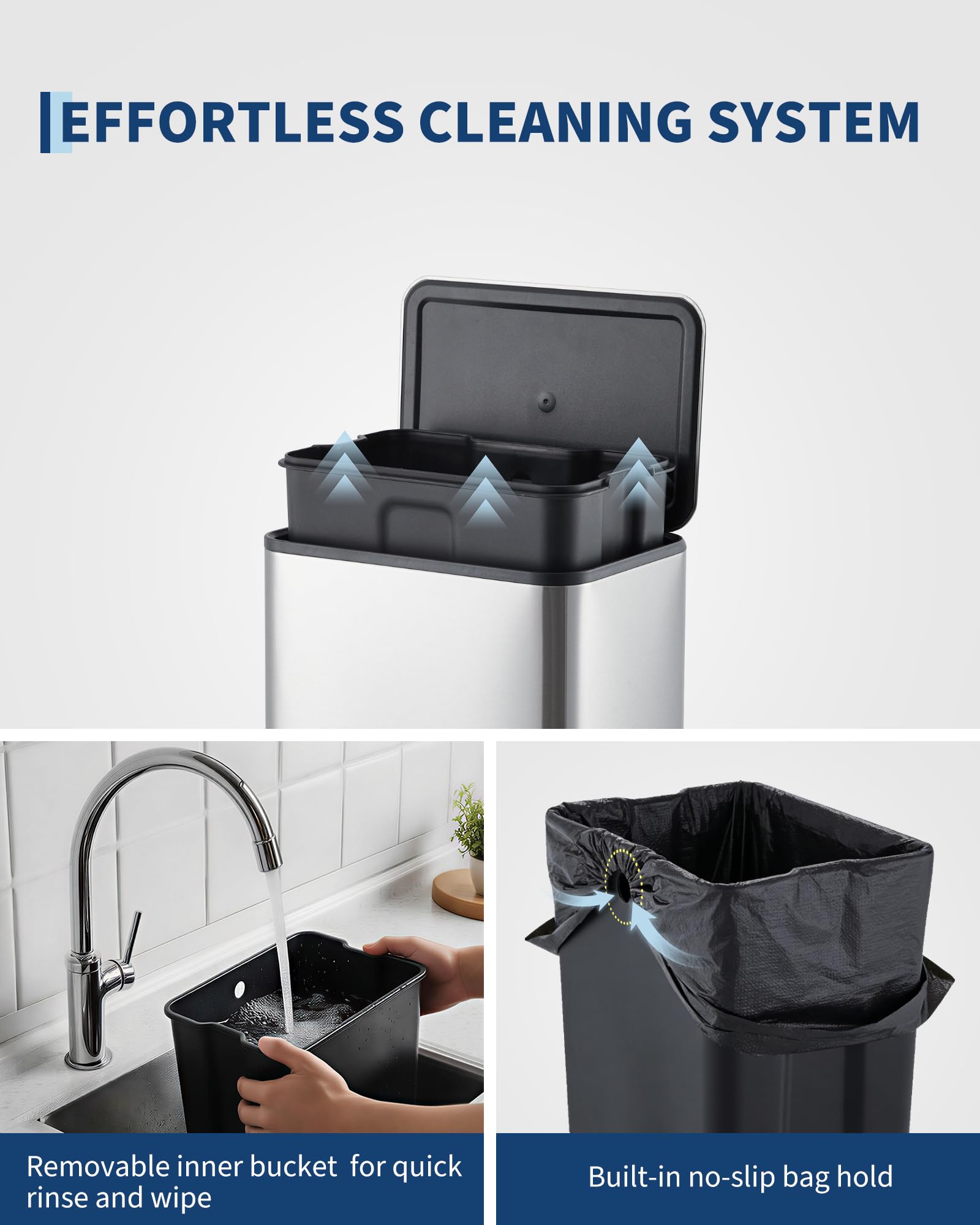 13L Edelstahl Mülleimer, Soft-Close Treteimer, Mülltrennung, Silber | Herausnehmbarer Inneneimer, Anti-Fingerabdruck, Platzsparend, Bad & Büro, Geruchsverschluss, Rutschfest, Robust
