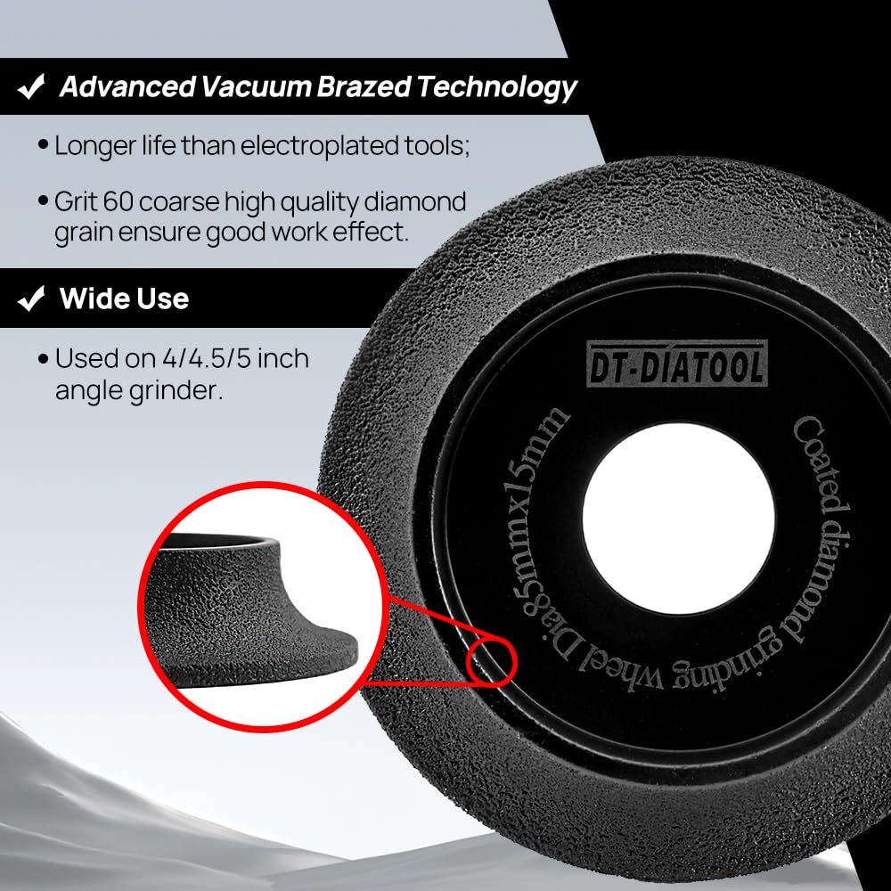 DT-DIATOOL Disque abrasif diamanté Ø 85 mm x hauteur 35 mm pour ponçage à bord rond en marbre, disque diamant pour alésage 22,23 mm