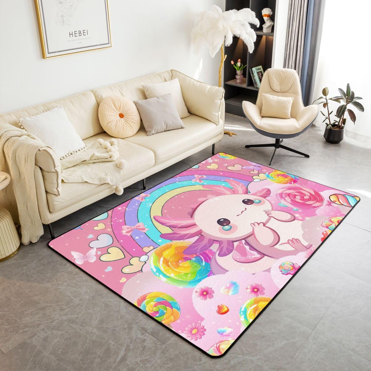 Ładny dywan do salonu, 100 x 150 cm, kawaii, motyw salamandry, różowy, do sypialni, dla dzieci, nastolatków, tęcza, lizaki kwiatowe, słodycze, do wnętrz, mata do dekoracji domu