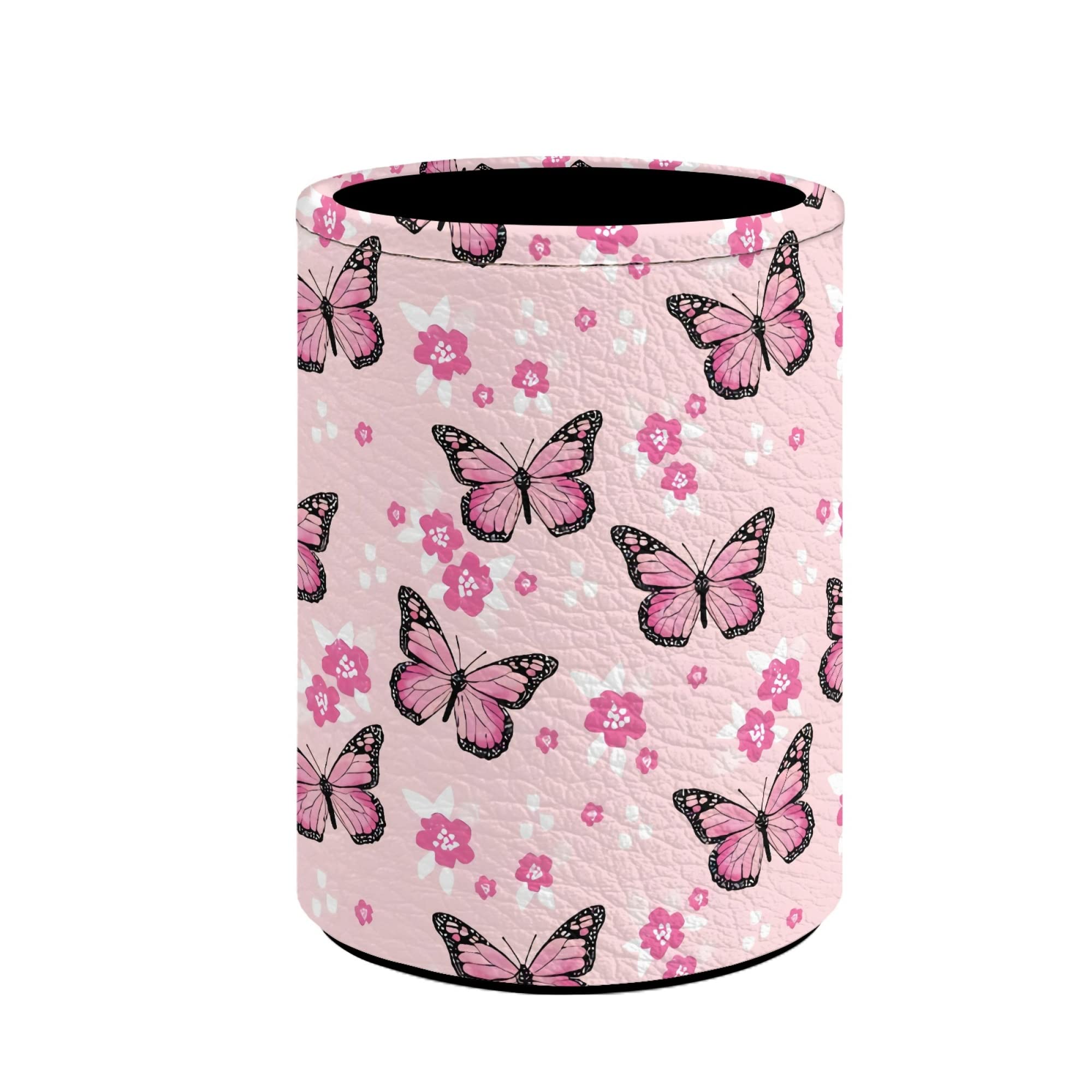 BIGCARJOB Pink Butterfly Pencil Holder Pen Holder for Desk,Cute Stand Up Pencil Desk Organizer PU Leather Make Up Brush Holder Pen Cup Pot — image 1