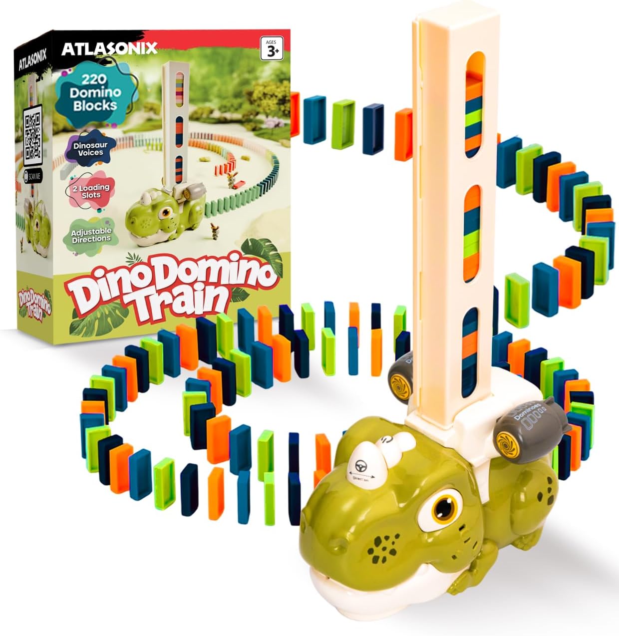 Atlasonix Domino Train, Domino Train for Kids, Automatic Set for Kids, 3 Year Old Boy Gift, Montessori Toys, Fun, Educational Toys, Birthday Present for 3-5 Year, 220 Blocks Dinosaur