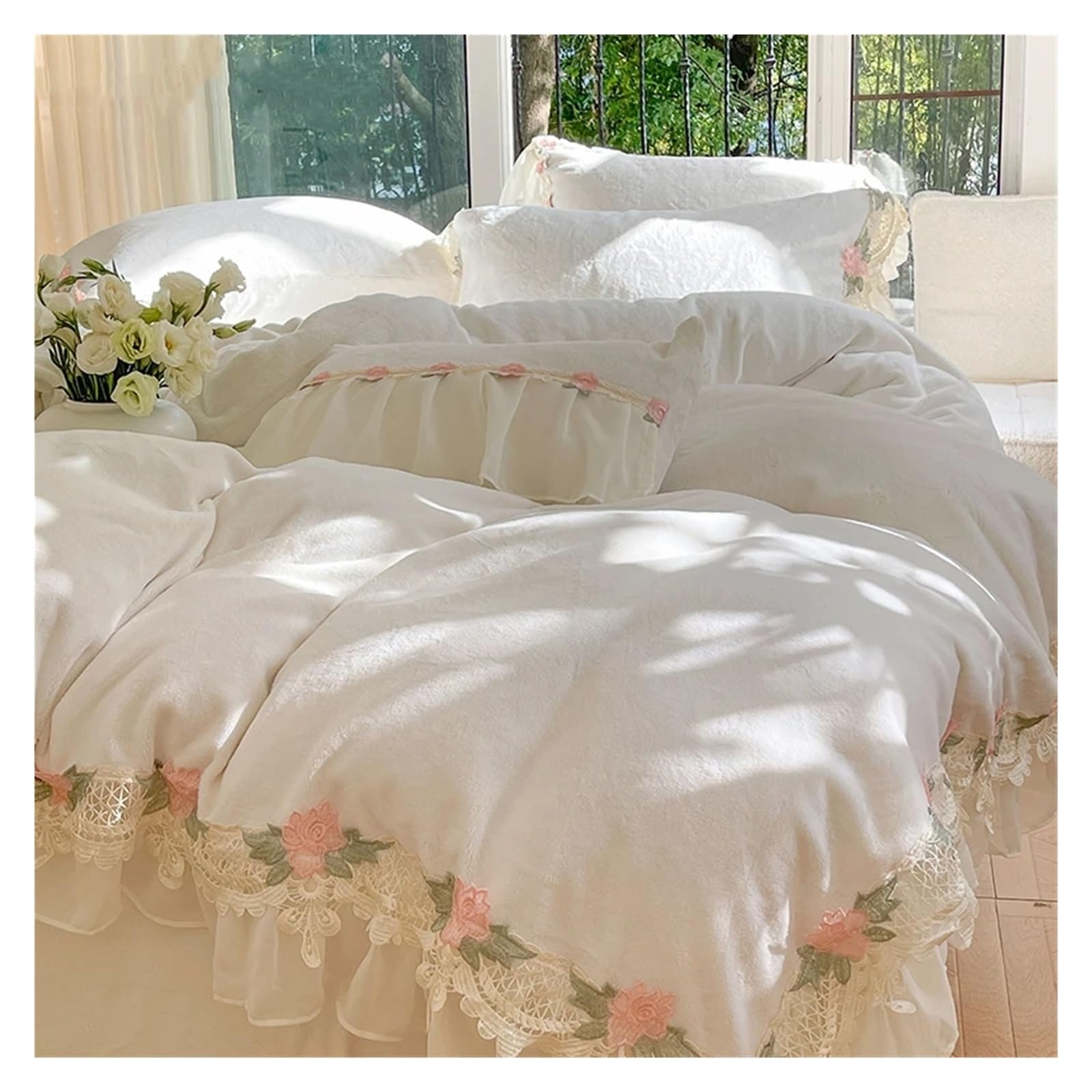 Parure de lit luxe en velours 260g avec volants et finitions fleurs de dentelle
