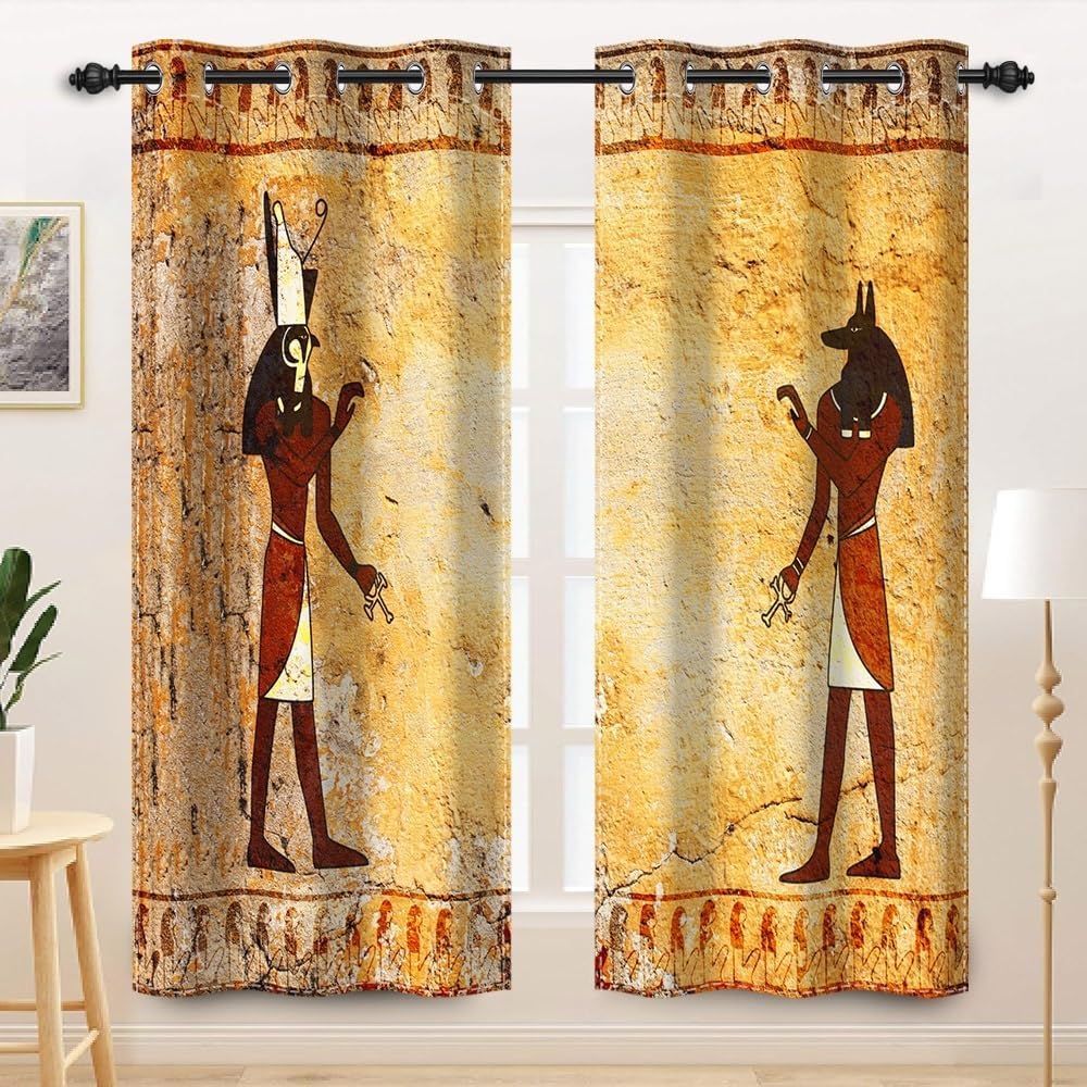 Ancient Egyptian Gods Blackout Curtains Egyptian Anubis Horus Picture Wall Art Decor Window Drapes for Bedroom Living Room Kitchen Grommet Window Curtain Treatments 2 Panel Set,42x84inch
