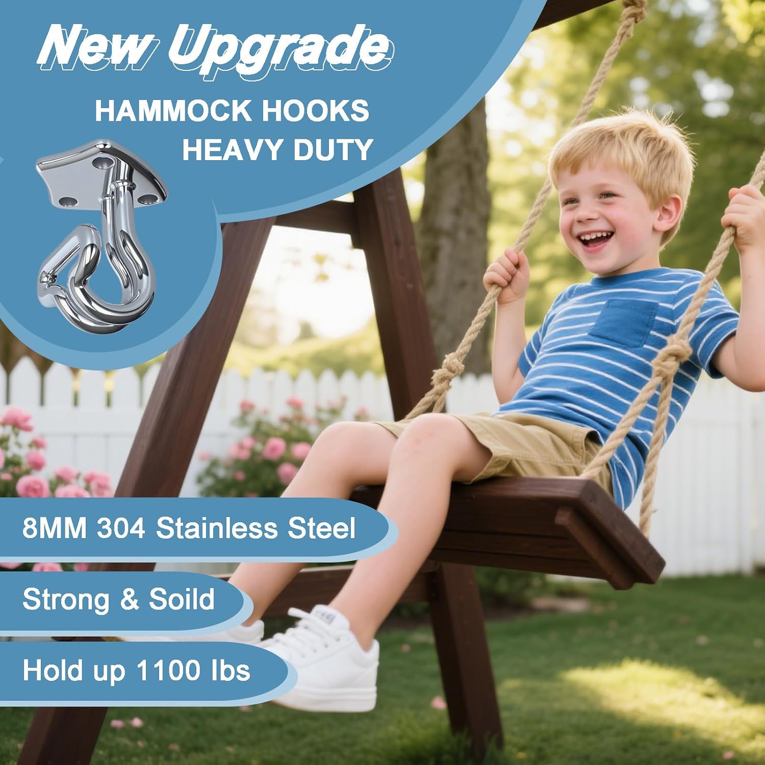 Heavy Duty Hammock Hooks & Swing Hanging Kit 1100LB Capacity - Ceiling Hooks for Porch Swing, Hammock Chair, Yoga Swing - IncludesMounting Hardware, Anchors - Indoor/Outdoor Use (2, Silver)